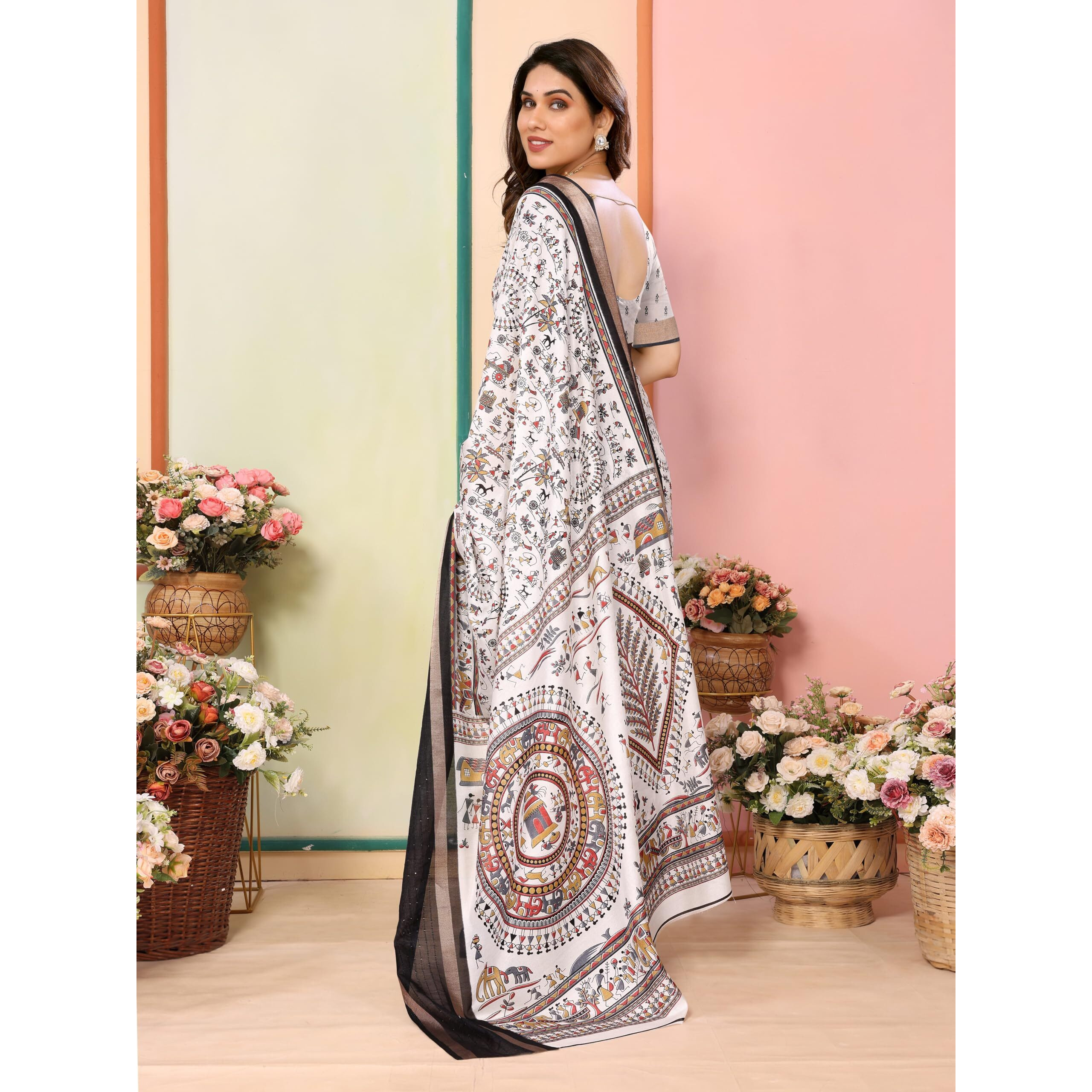 StyleScope Women's Printed Dola Silk Sequence Boarder Warli Art Saree With Unstitched Blouse Piece (Warli Sequence White_White_Free Size)