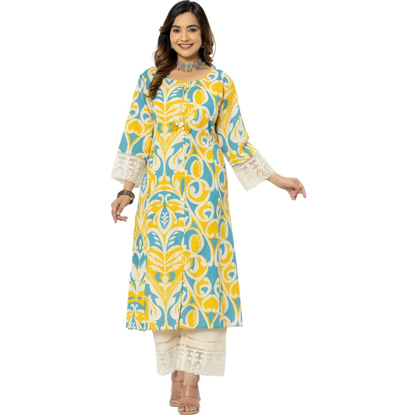 rytras Women's Cotton Printed A-Line Kurta with Pant Set(RYT563,Yellow,S)