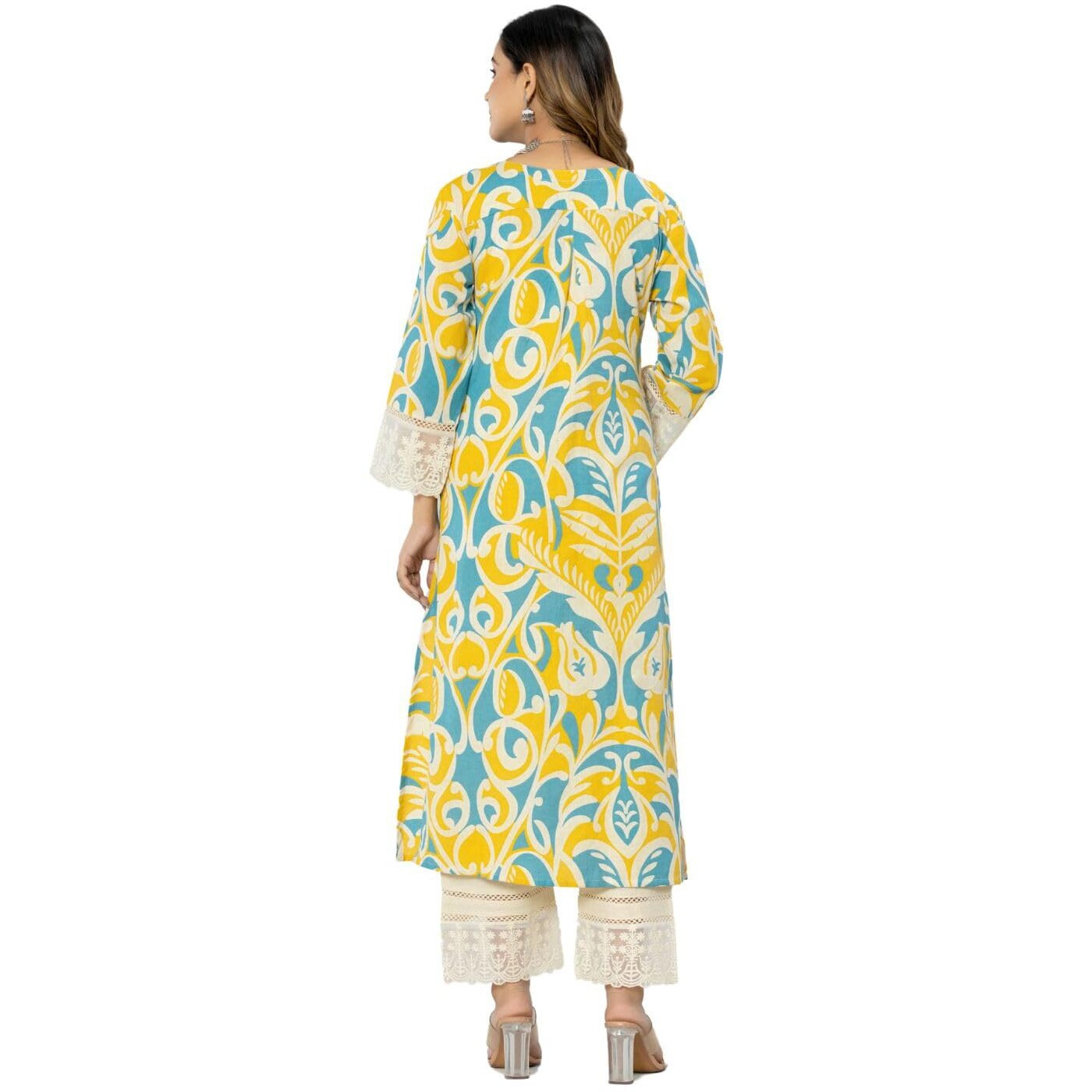 rytras Women's Cotton Printed A-Line Kurta with Pant Set(RYT563,Yellow,S)