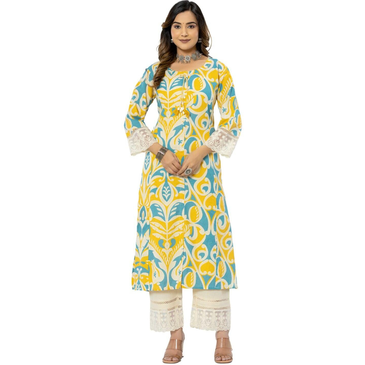rytras Women's Cotton Printed A-Line Kurta with Pant Set(RYT563,Yellow,S)