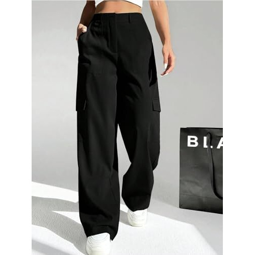 GRECIILOOKS Cotton HIGH Waist Cargo Trousers for Women (GL-TR1043-S-BLACK)