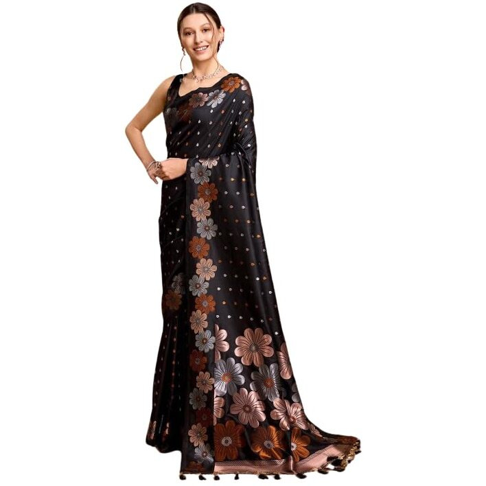 C J Enterprise Women's Banarasi Saree Pure Kanjivaram Silk Saree Soft Design Wear Pattu Sarees Latest Cotton With Blouse Piece Kanchipuram for Wedding sadi new ladies 2025 (Champa-51) (Black)