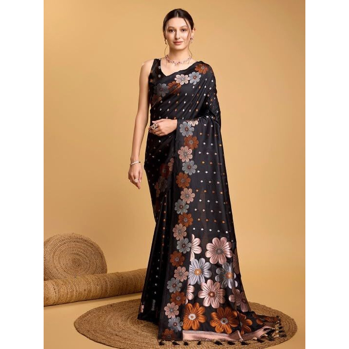 C J Enterprise Women's Banarasi Saree Pure Kanjivaram Silk Saree Soft Design Wear Pattu Sarees Latest Cotton With Blouse Piece Kanchipuram for Wedding sadi new ladies 2025 (Champa-51) (Black)