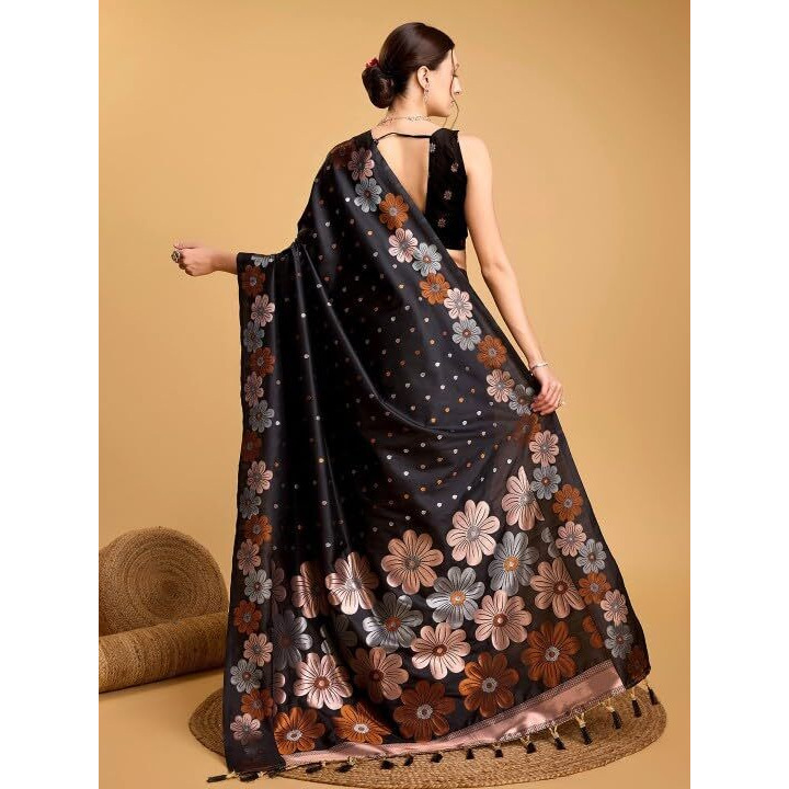 C J Enterprise Women's Banarasi Saree Pure Kanjivaram Silk Saree Soft Design Wear Pattu Sarees Latest Cotton With Blouse Piece Kanchipuram for Wedding sadi new ladies 2025 (Champa-51) (Black)