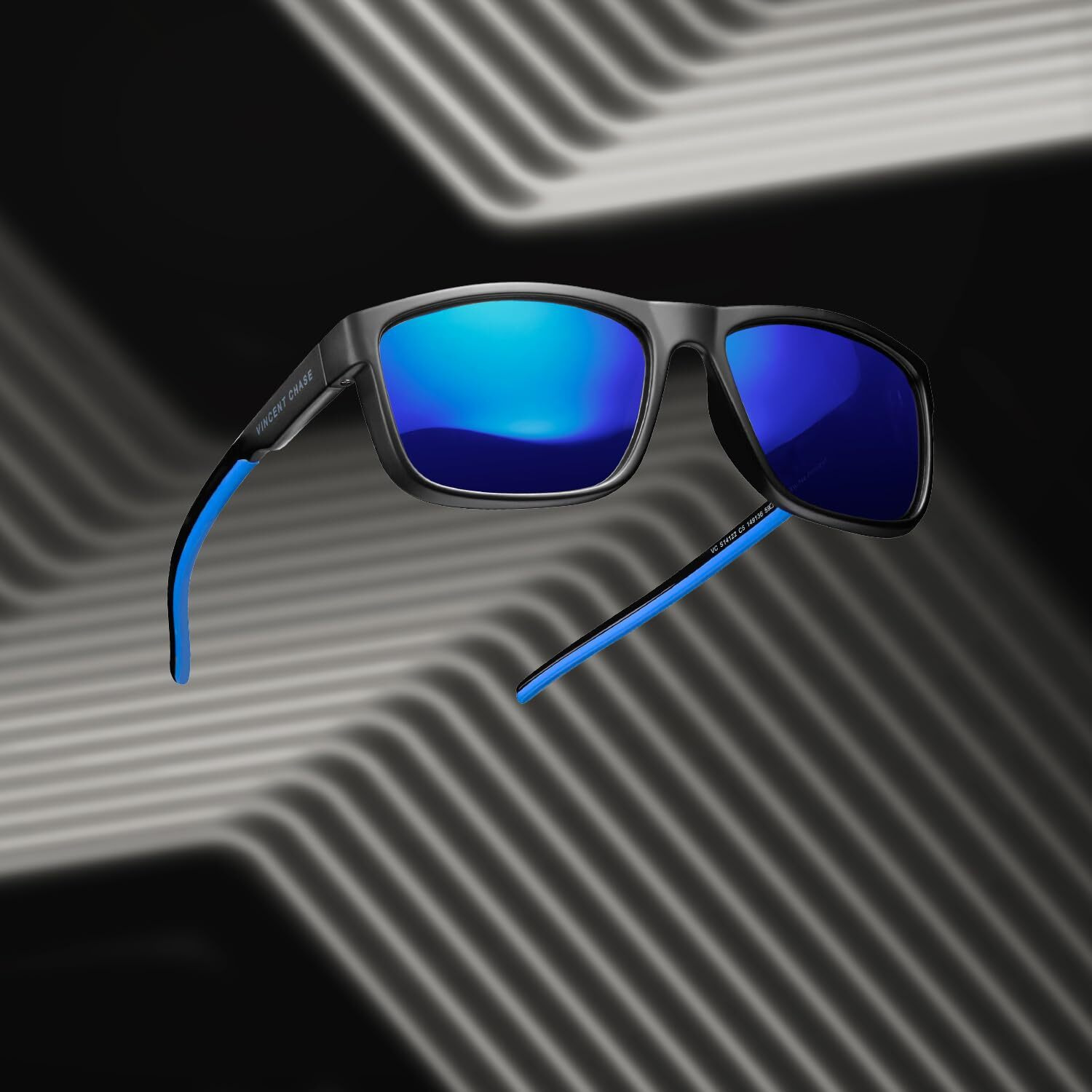 VINCENT CHASE EYEWEAR By Lenskart | Blue Black Full Rim Rectangle Stylish Sunglasses | Polarized and UV Protected | For Men and Women | Large | VC S14122-Pack of 1