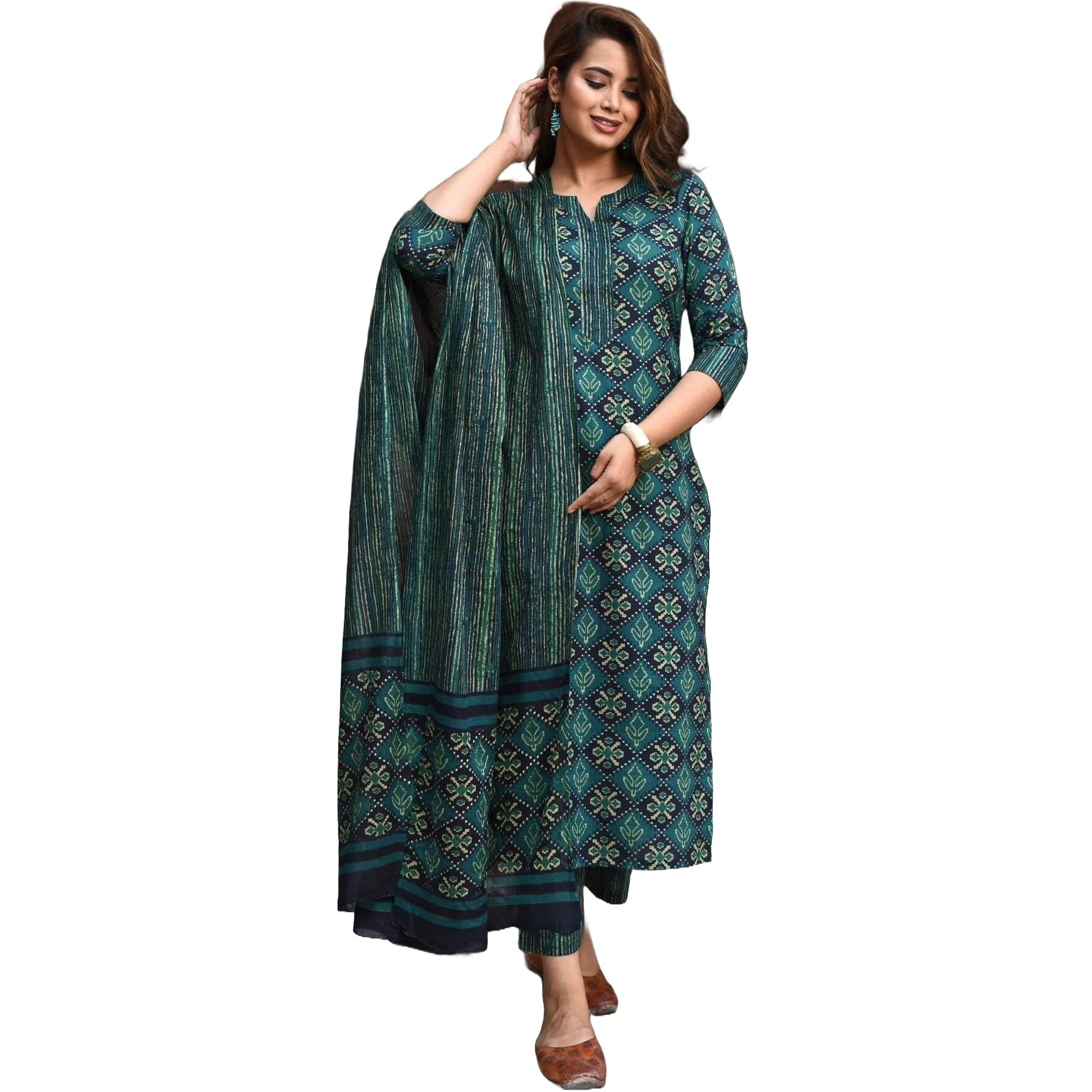 LookMark Women's Printed Cotton Blend Straight Kurta Pant Dupatta Set - Stylish Ethnic Wear for Women (AZ-LM-OG-KS2116-L) Green