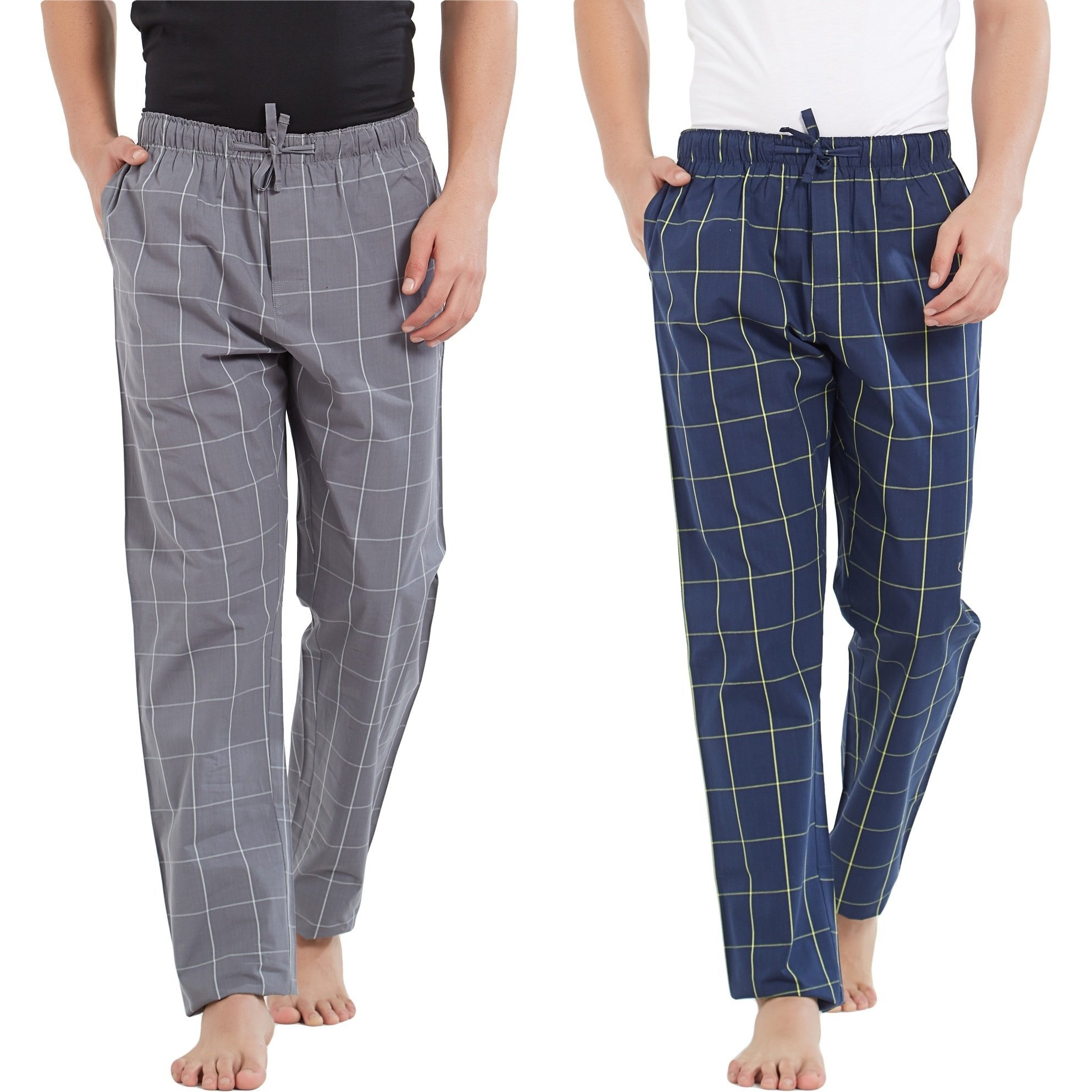 XYXX Men's Super Combed Cotton Checkered Checkmate Pyjamas [Pack of 2] Elasticated Waist, Drawstring | Loungewear for Men in Lime, Grey Checks