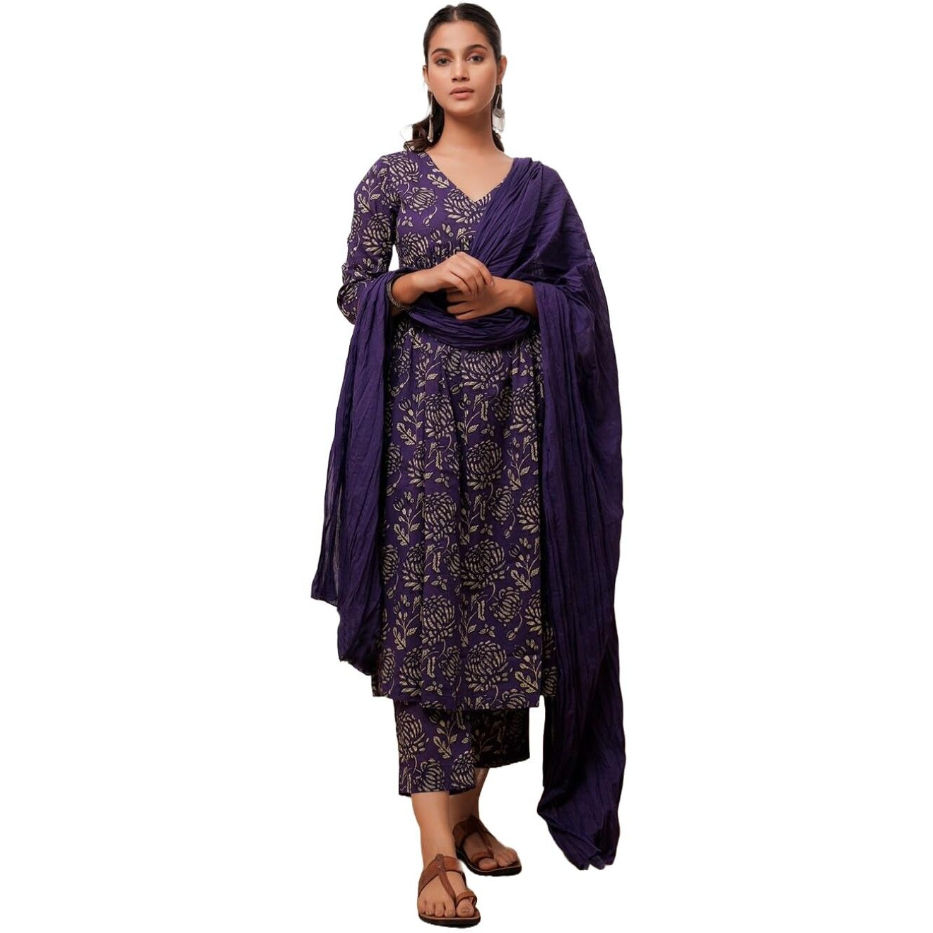 GoSriKi Women's Rayon Blend Anarkali Printed Kurta with Pant & Dupatta (DABU Violet-FCS-GS_L_Dark Green_Large)