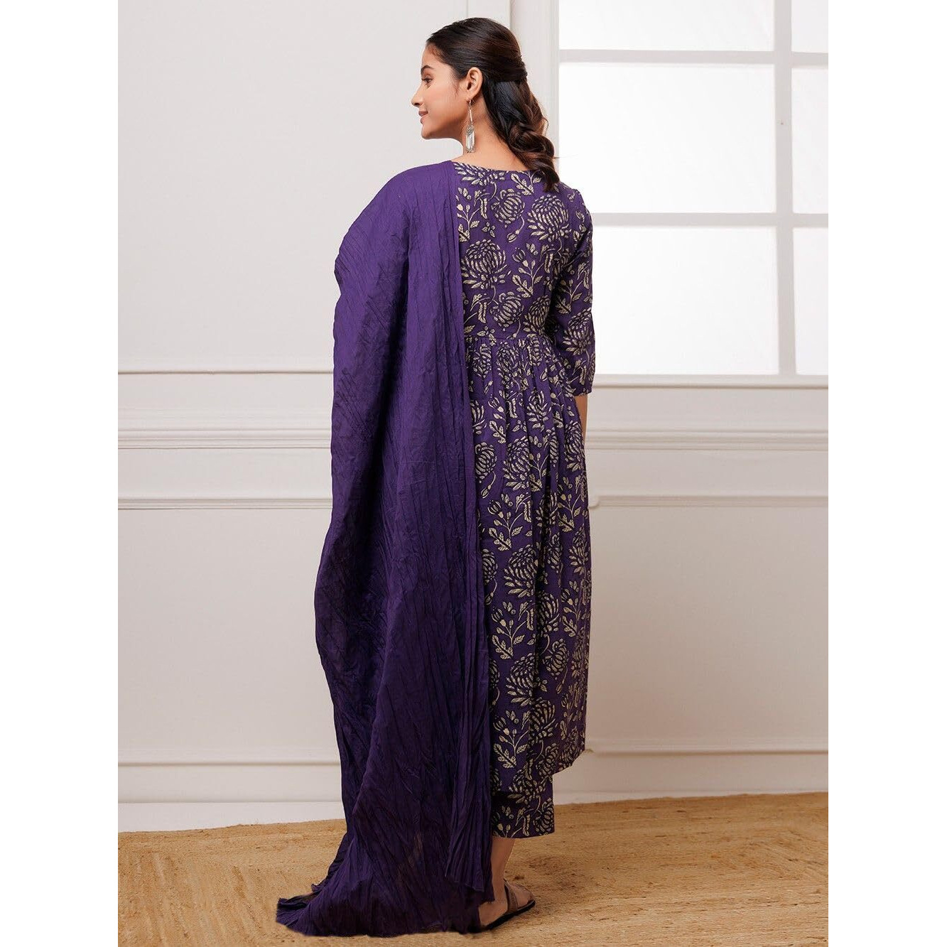 GoSriKi Women's Rayon Blend Anarkali Printed Kurta with Pant & Dupatta (DABU Violet-FCS-GS_L_Dark Green_Large)