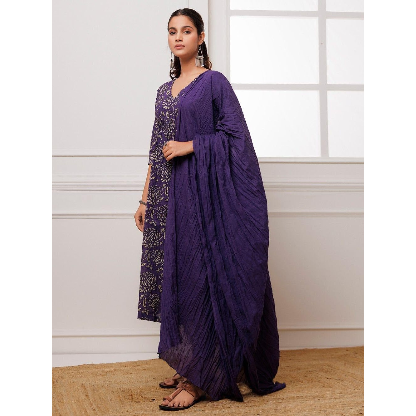 GoSriKi Women's Rayon Blend Anarkali Printed Kurta with Pant & Dupatta (DABU Violet-FCS-GS_L_Dark Green_Large)