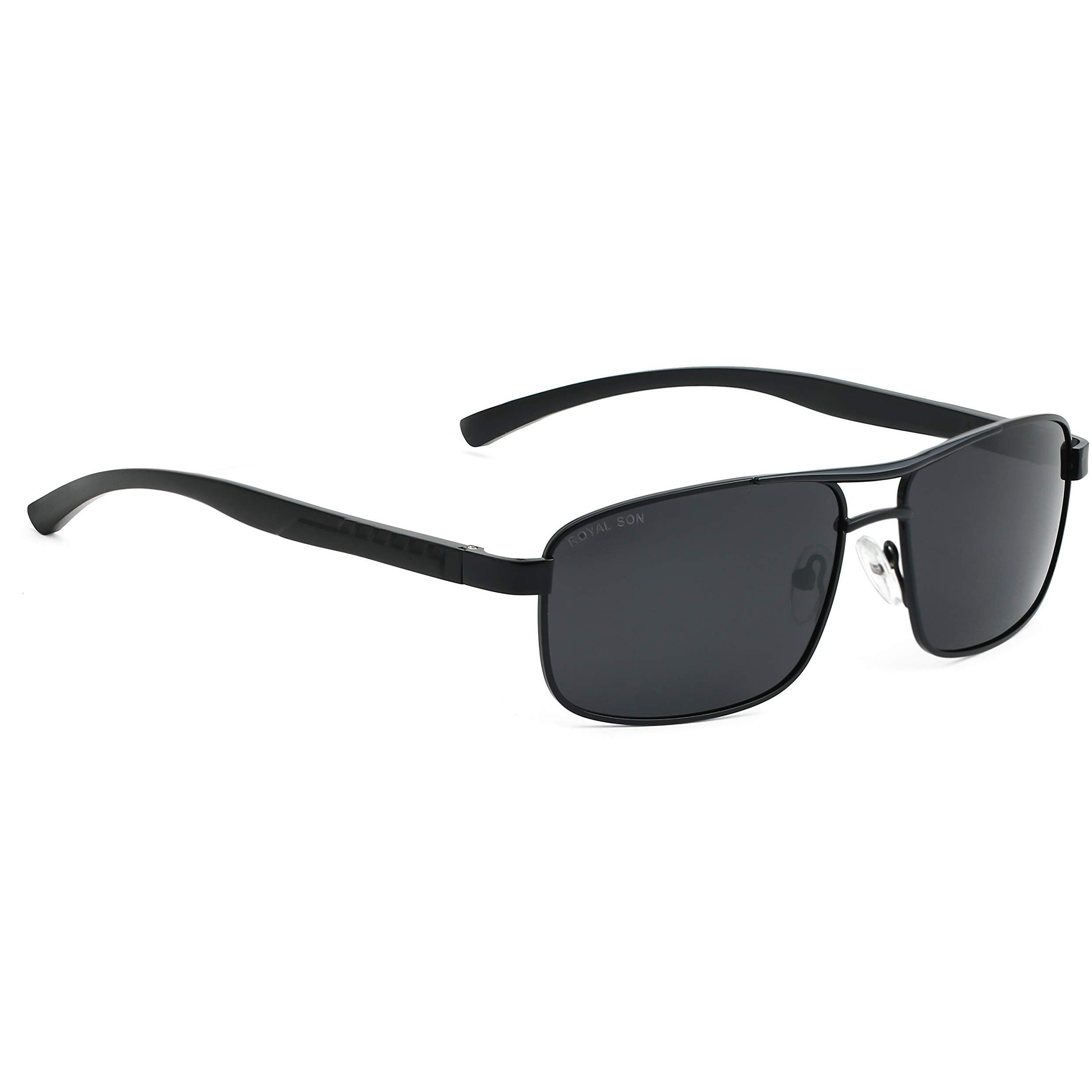 ROYAL SON Men Rectangular Polarization Sunglasses Black Frame, Black Lens (Large) - 1 Sunglasses, 1 Cleaning Cloth, 1 Glasses Box