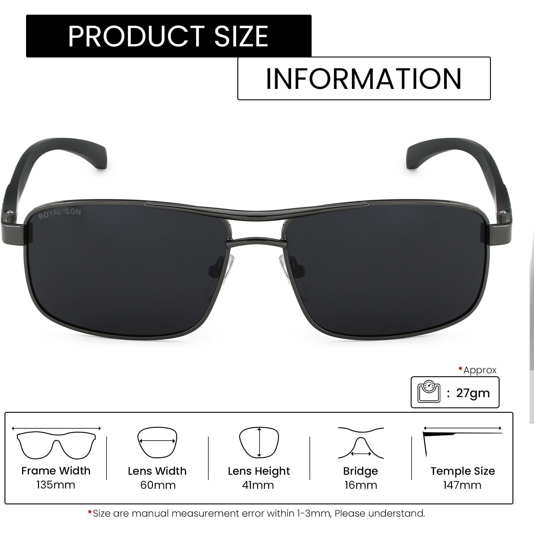ROYAL SON Men Rectangular Polarization Sunglasses Black Frame, Black Lens (Large) - 1 Sunglasses, 1 Cleaning Cloth, 1 Glasses Box