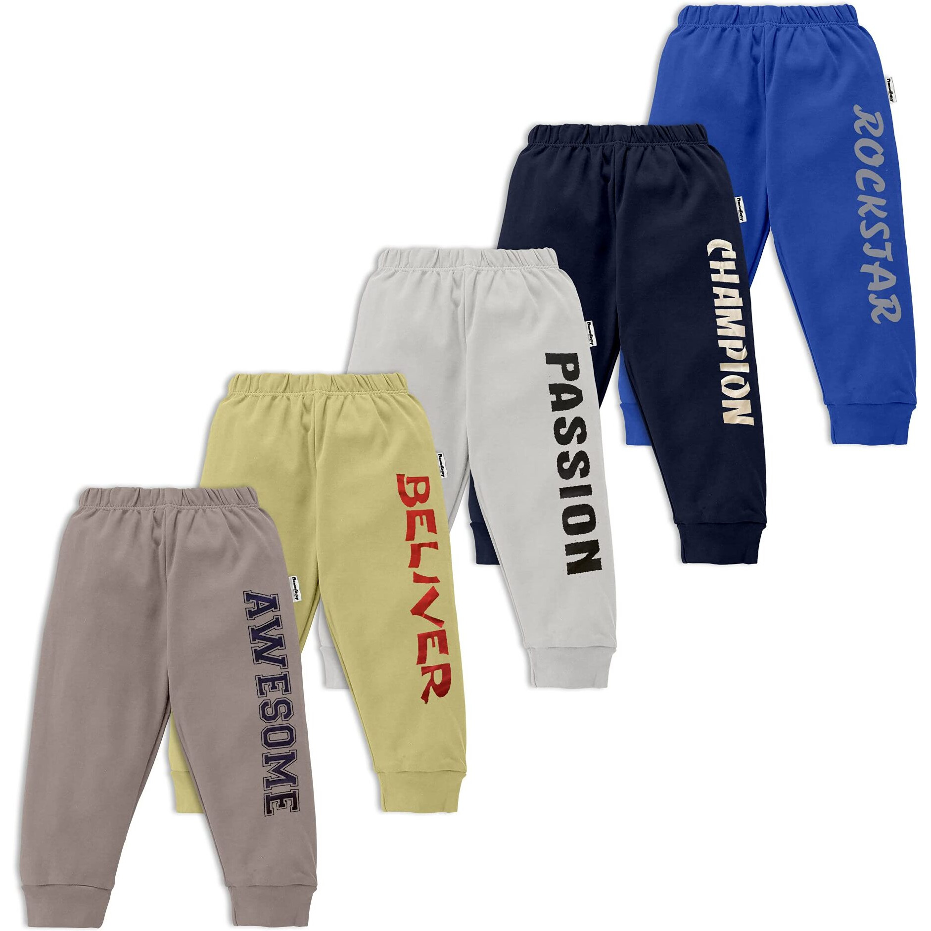 NammaBaby Boys Cotton Printed Track Pants Boy's Regular fit Trackpants (Assorted Prints) (3-4 Years, Pack of 5)