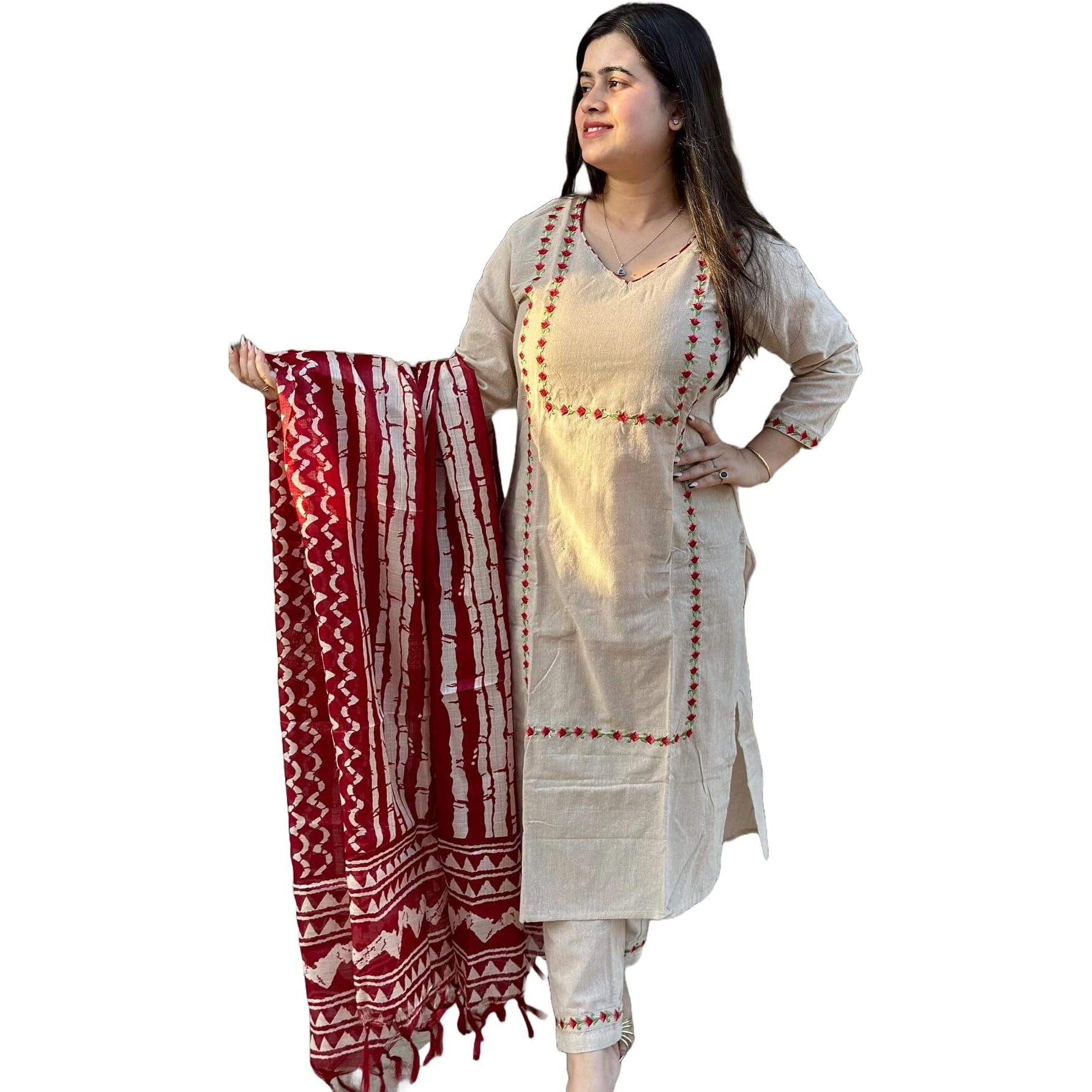GoSriKi Women's Cotton Blend Straight Embroidered Kurta with Pant & Dupatta (DD Beige-NW-GS_3XL_Beige_XXX-Large)