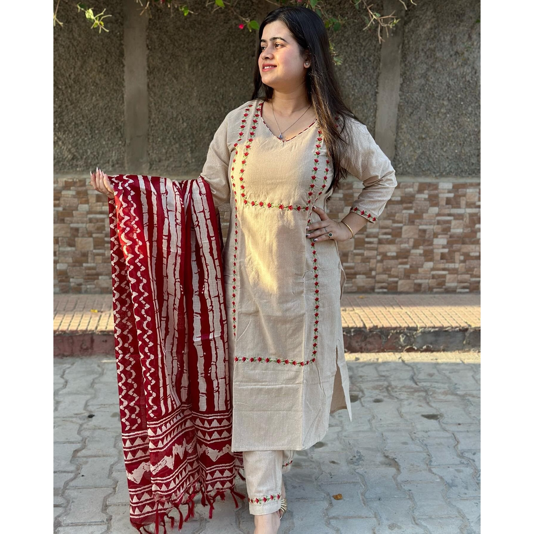 GoSriKi Women's Cotton Blend Straight Embroidered Kurta with Pant & Dupatta (DD Beige-NW-GS_3XL_Beige_XXX-Large)