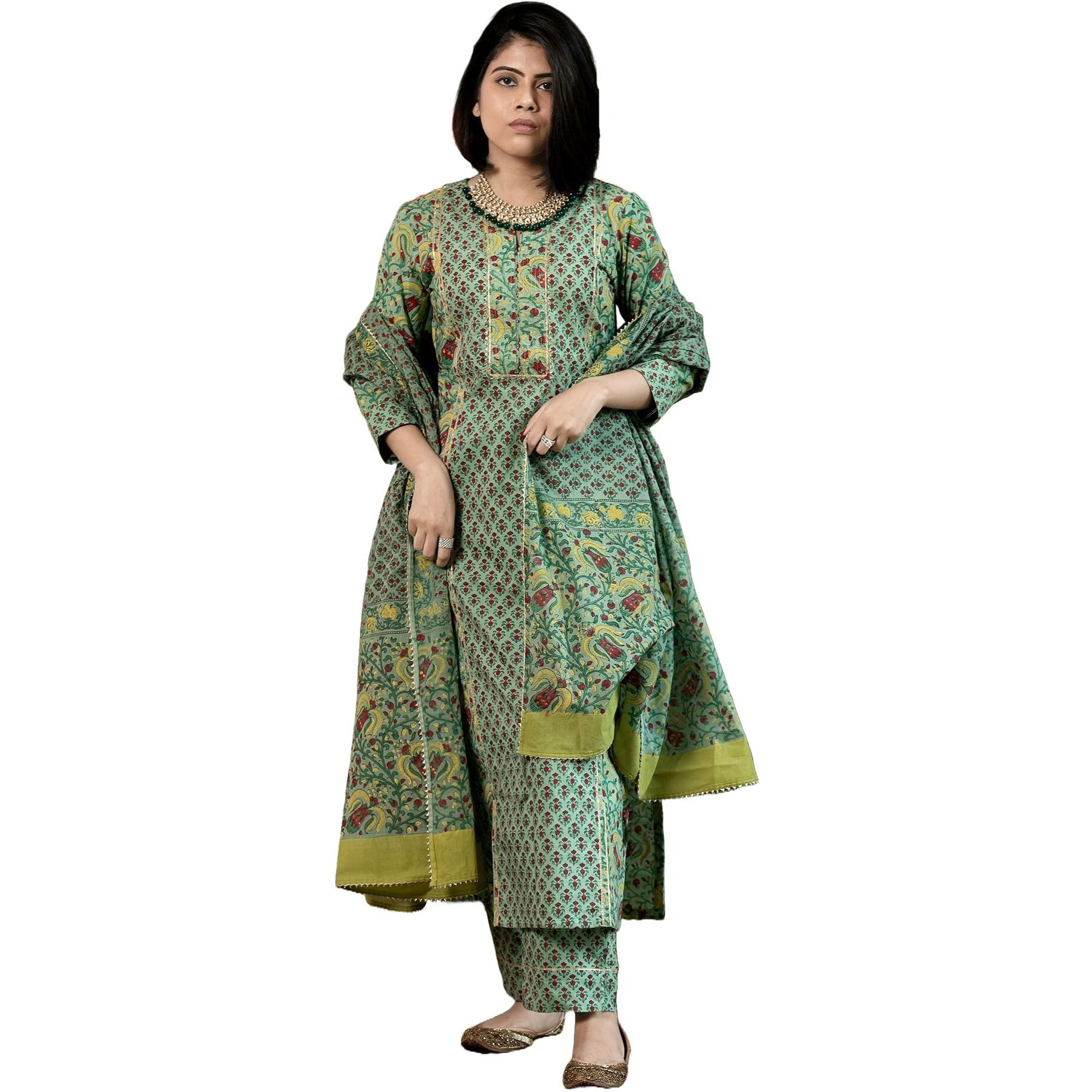 GoSriKi Women's Rayon Blend Straight Printed Kurta with Pant & Dupatta (SANGHVI GREEN-GS_L_Green_Large)