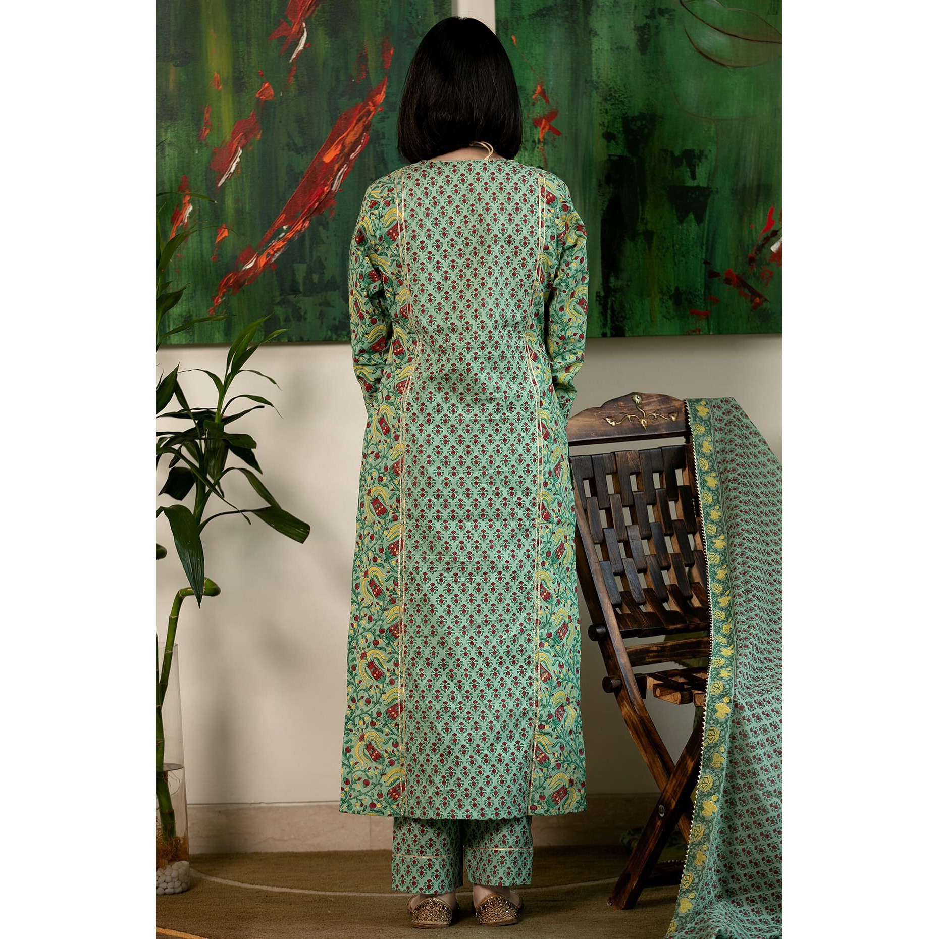 GoSriKi Women's Rayon Blend Straight Printed Kurta with Pant & Dupatta (SANGHVI GREEN-GS_L_Green_Large)