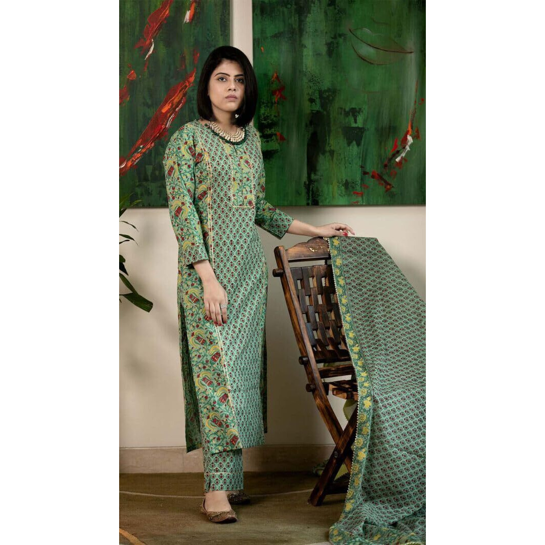 GoSriKi Women's Rayon Blend Straight Printed Kurta with Pant & Dupatta (SANGHVI GREEN-GS_L_Green_Large)