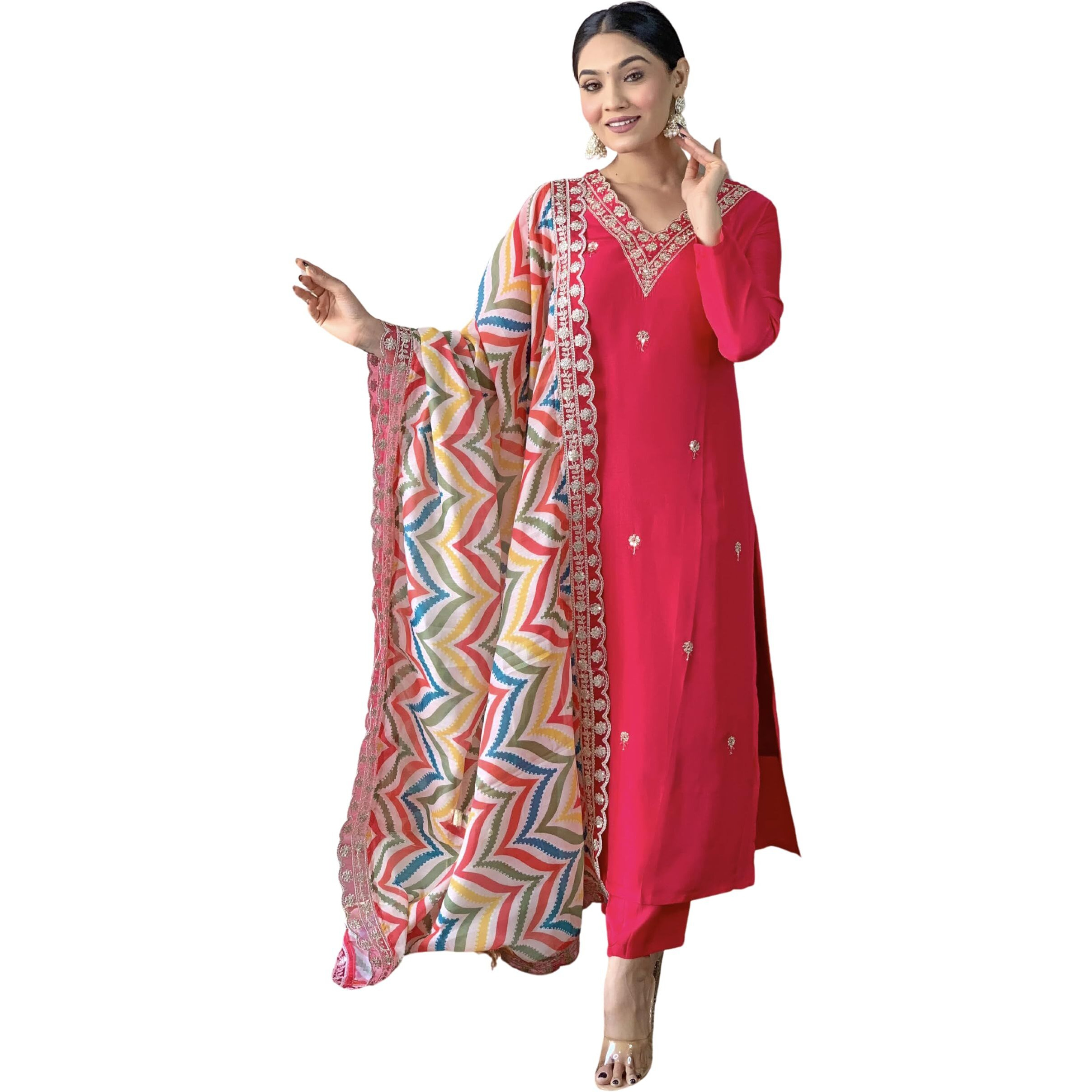 Naixa Women's Gajri Viscose Embroidered Straight Kurta with Viscose Pant and Silk Blend Printed Dupatta Sets (NX-467-Gajri-S)