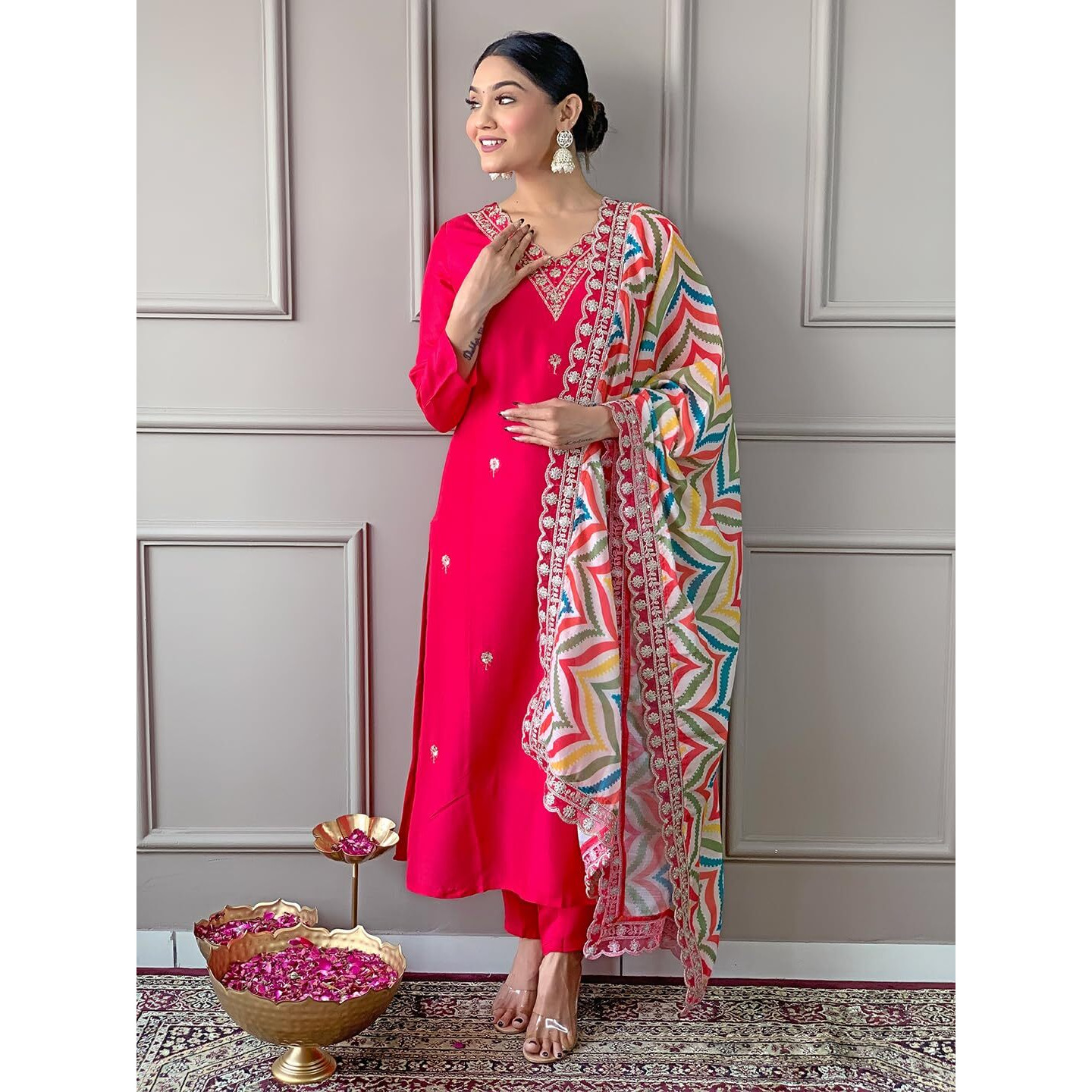 Naixa Women's Gajri Viscose Embroidered Straight Kurta with Viscose Pant and Silk Blend Printed Dupatta Sets (NX-467-Gajri-S)