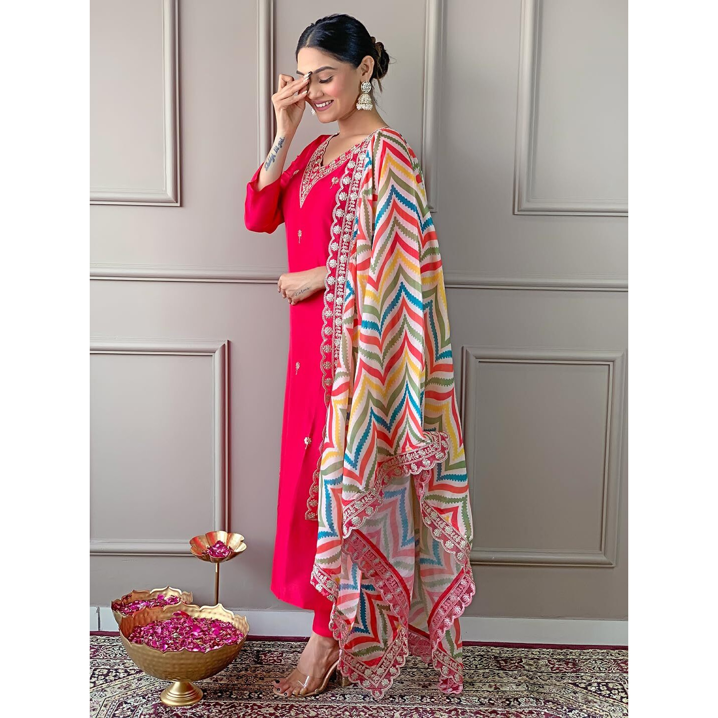 Naixa Women's Gajri Viscose Embroidered Straight Kurta with Viscose Pant and Silk Blend Printed Dupatta Sets (NX-467-Gajri-S)