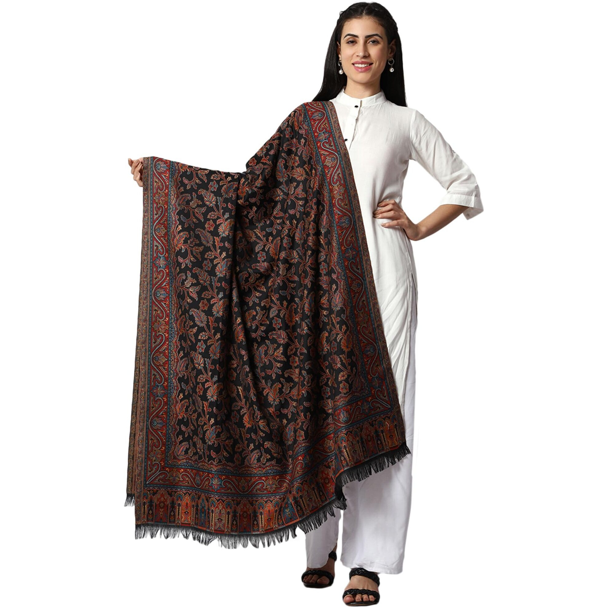 Weavers Villa Women's Pashmina Wool Kani Weave Shawls, Wraps, Black, 100cm X 200cm