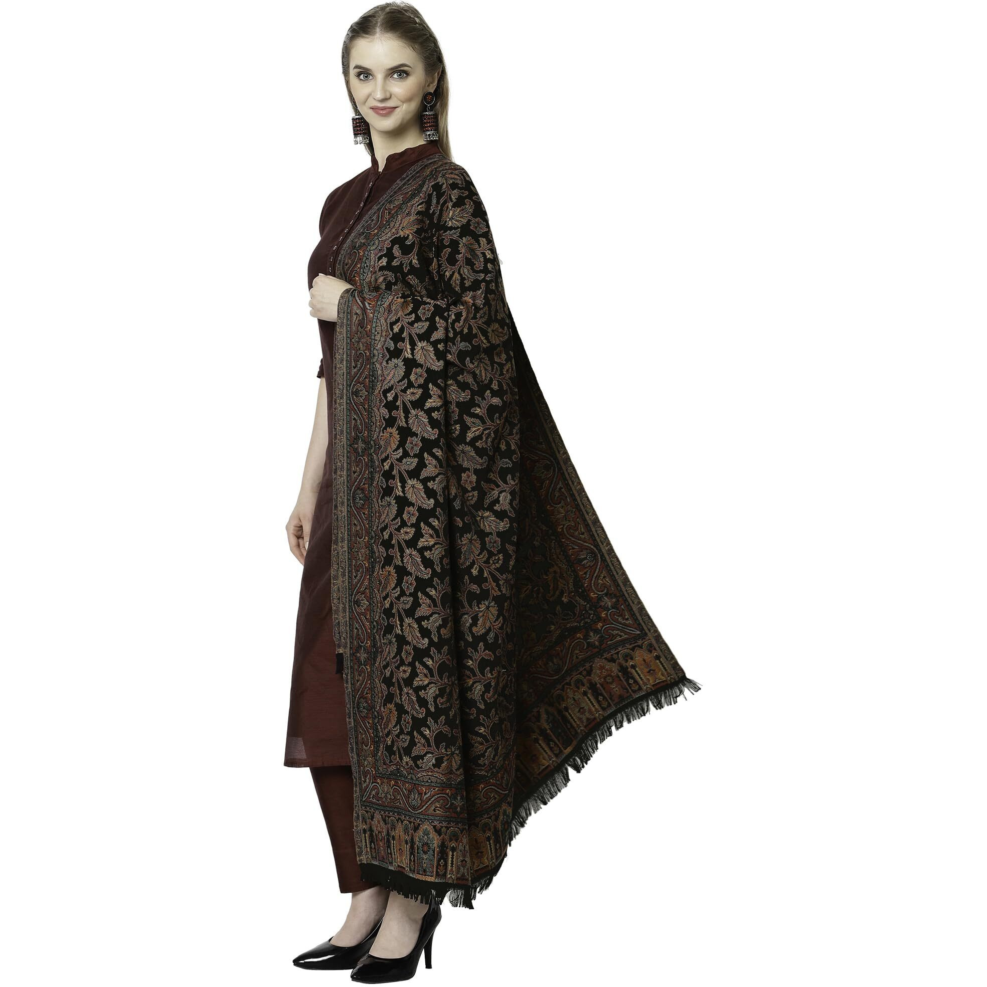 Weavers Villa Women's Pashmina Wool Kani Weave Shawls, Wraps, Black, 100cm X 200cm