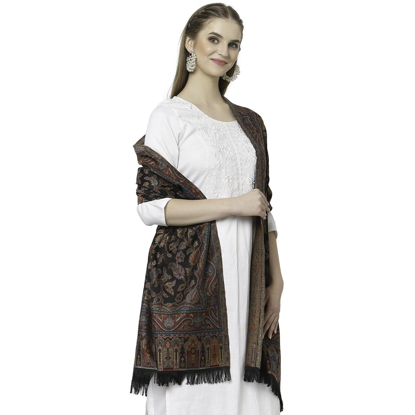 Weavers Villa Women's Pashmina Wool Kani Weave Shawls, Wraps, Black, 100cm X 200cm