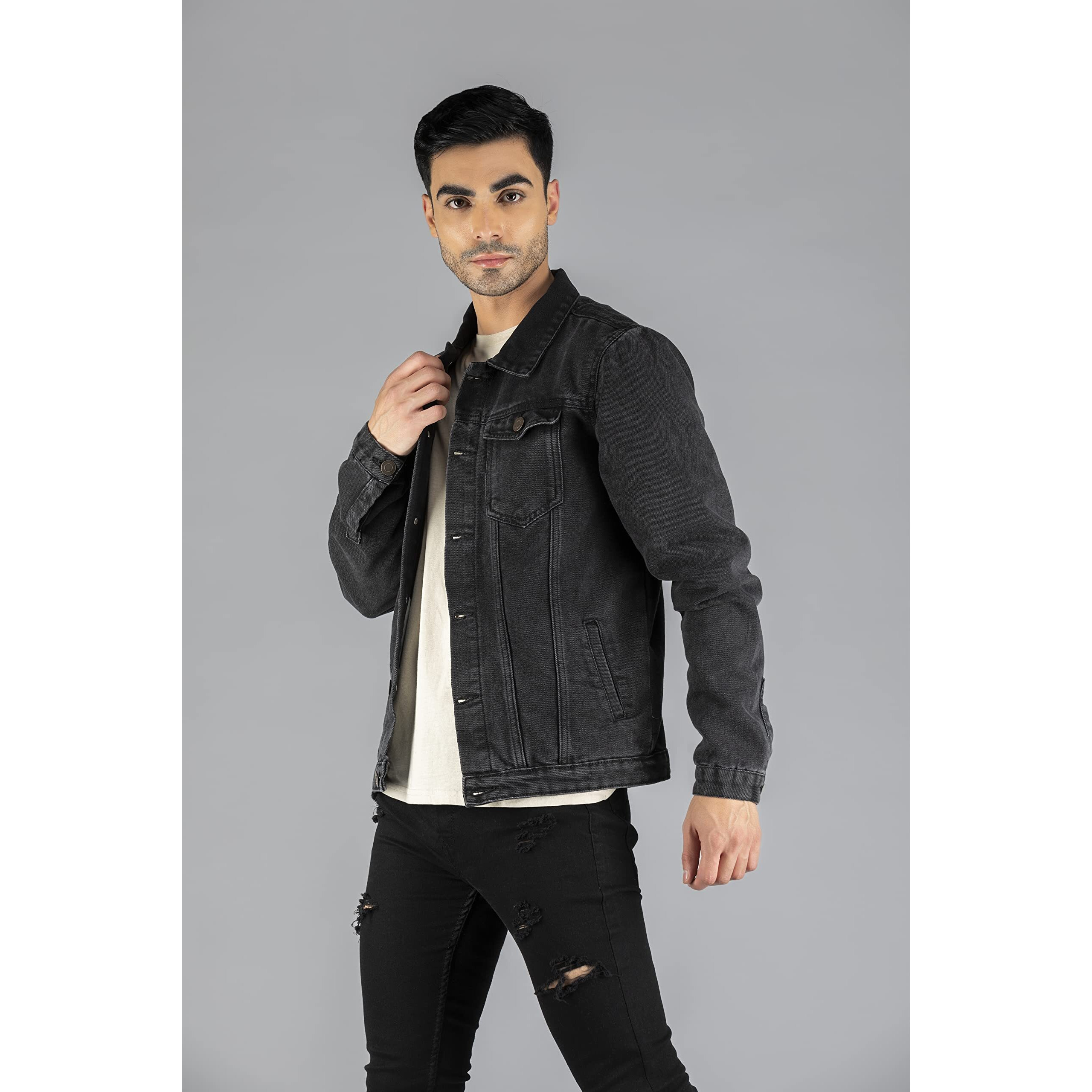 Dennis Lingo Men's Regular Fit Long Sleeve Button Down Panel Denim Jacket, Lightweight Trucker Jacket (Washed Black, M)