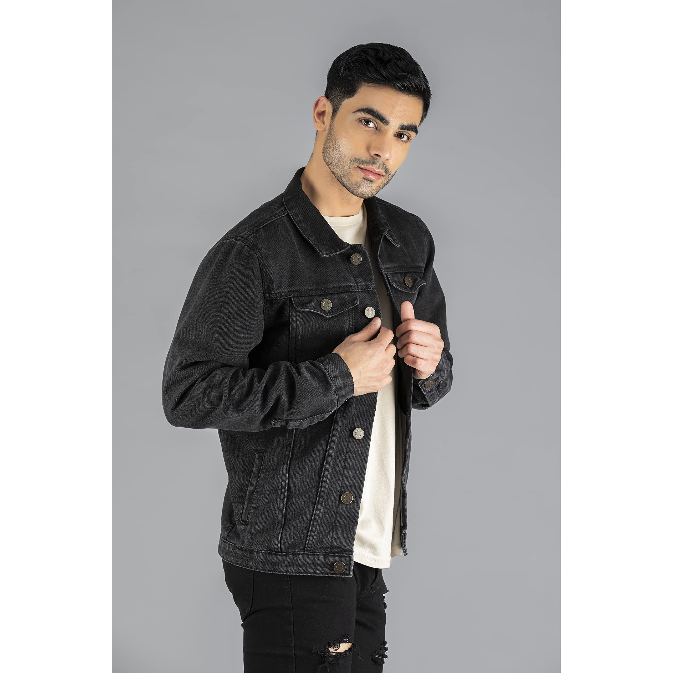 Dennis Lingo Men's Regular Fit Long Sleeve Button Down Panel Denim Jacket, Lightweight Trucker Jacket (Washed Black, M)