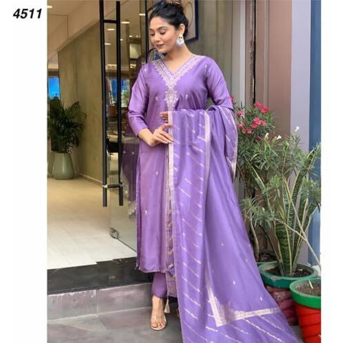 ROYALICA Women's Kurta, Pant & Dupatta Set in Viscose Chanderi & Jute Silk, Ankle Length, 3/4 Sleeve (X-Large)
