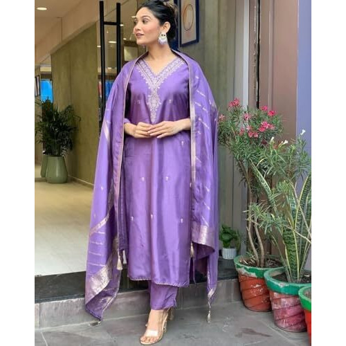 ROYALICA Women's Kurta, Pant & Dupatta Set in Viscose Chanderi & Jute Silk, Ankle Length, 3/4 Sleeve (X-Large)