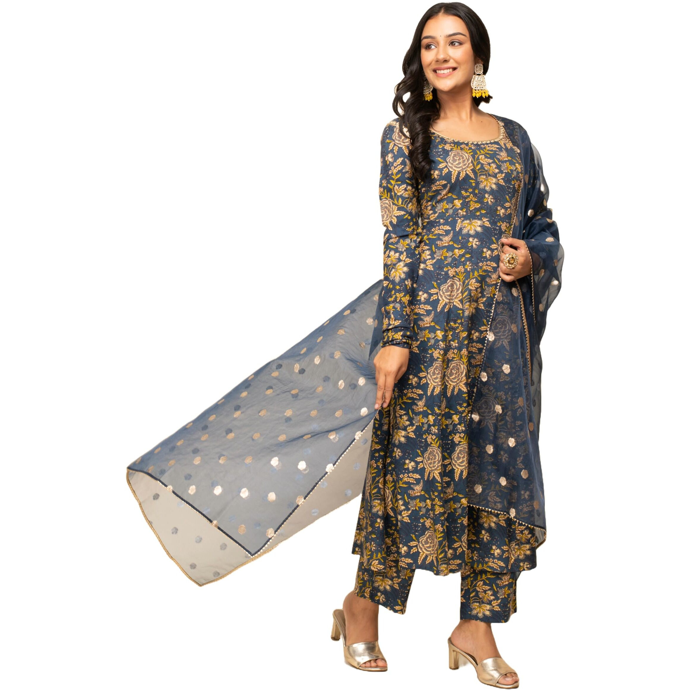 FIORRA Women's Navy Blue Cotton A-line Kurta with Pant and Dupatta SET0112