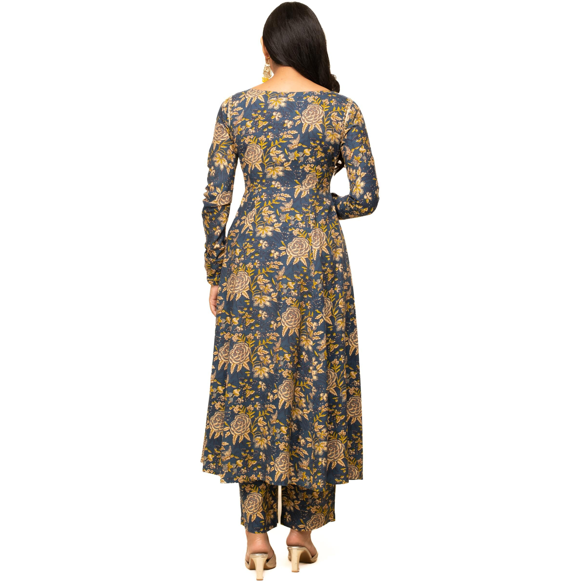 FIORRA Women's Navy Blue Cotton A-line Kurta with Pant and Dupatta SET0112