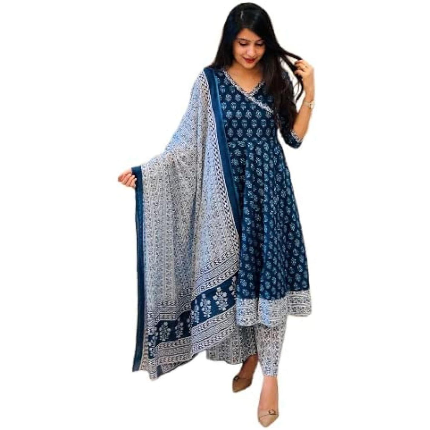 KLOSIA Women's Rayon Anarkali Kurta Pant and Dupatta Set (Medium) Blue