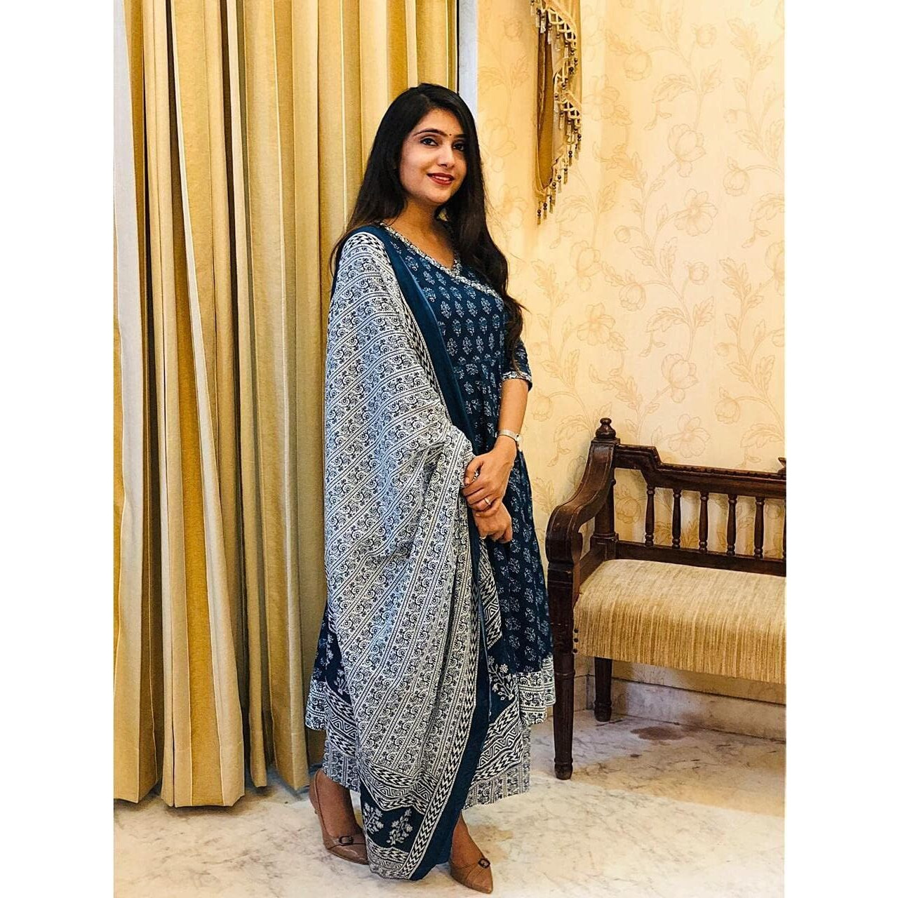 KLOSIA Women's Rayon Anarkali Kurta Pant and Dupatta Set (Medium) Blue