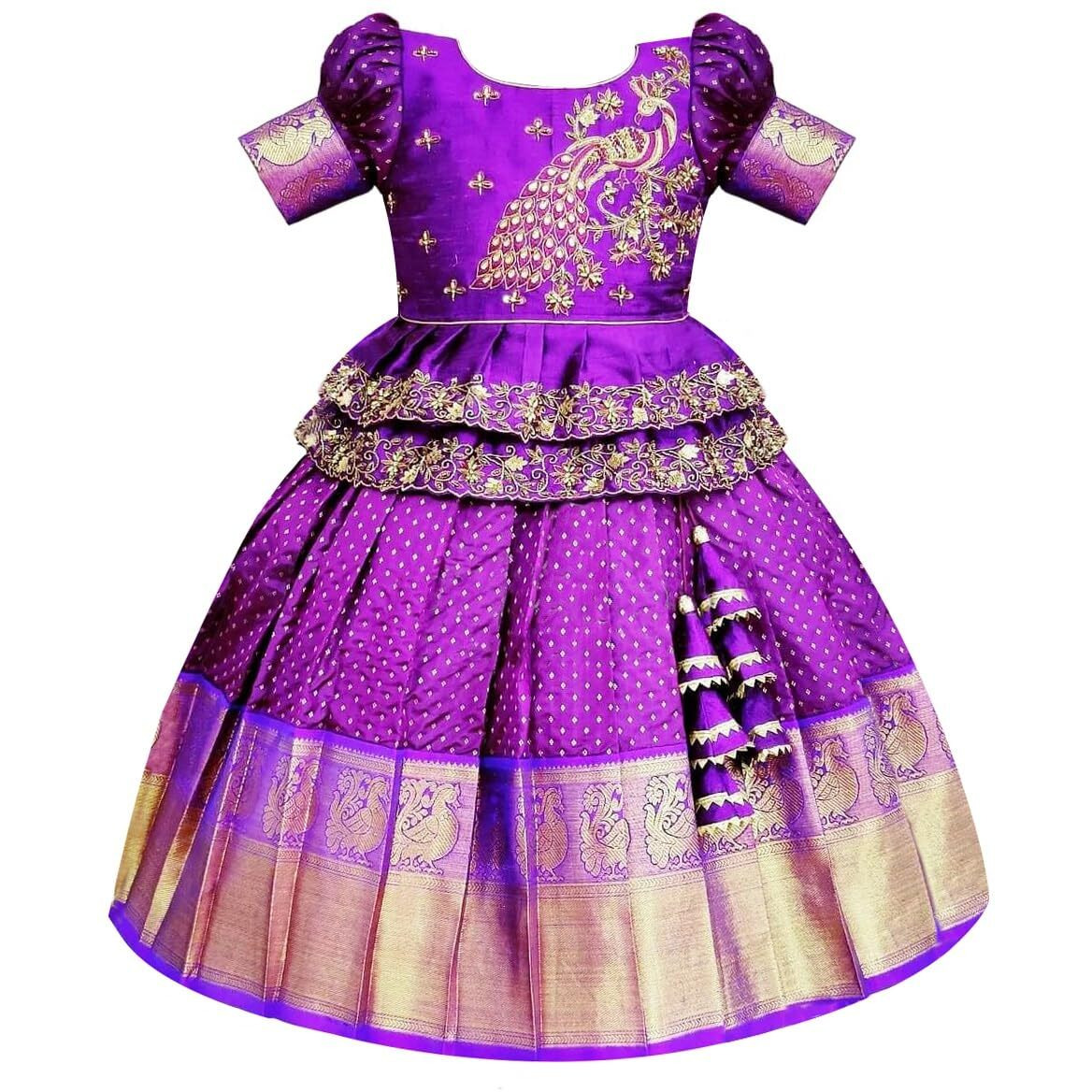 White Button New south Indian traditional pattu pavadai Jecquard Lehenga choli for girls dress (5-6 Years, Violet)