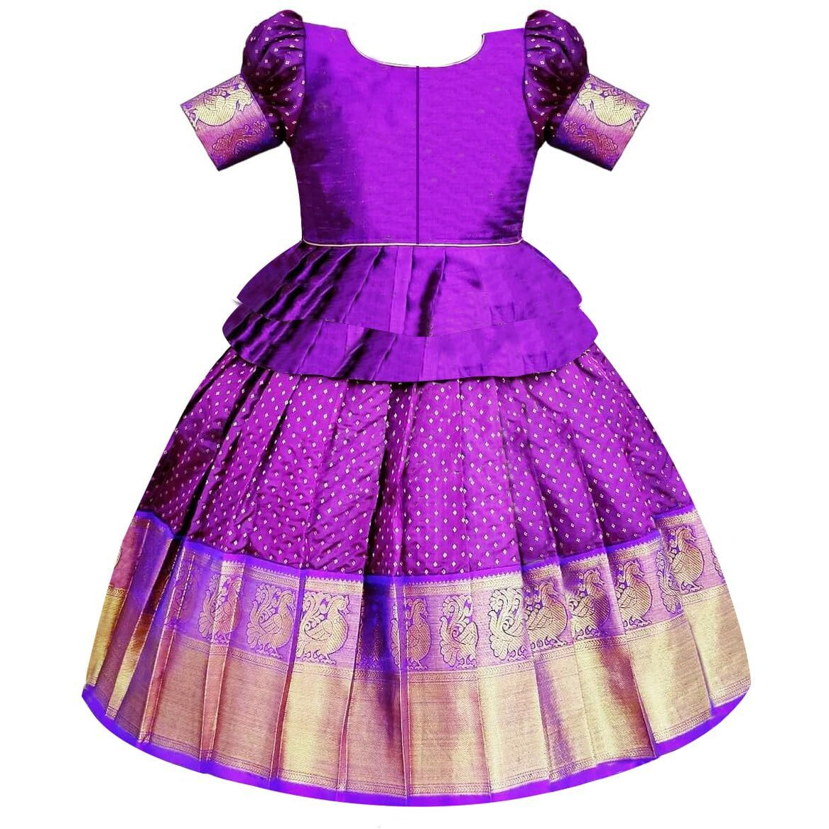 White Button New south Indian traditional pattu pavadai Jecquard Lehenga choli for girls dress (5-6 Years, Violet)