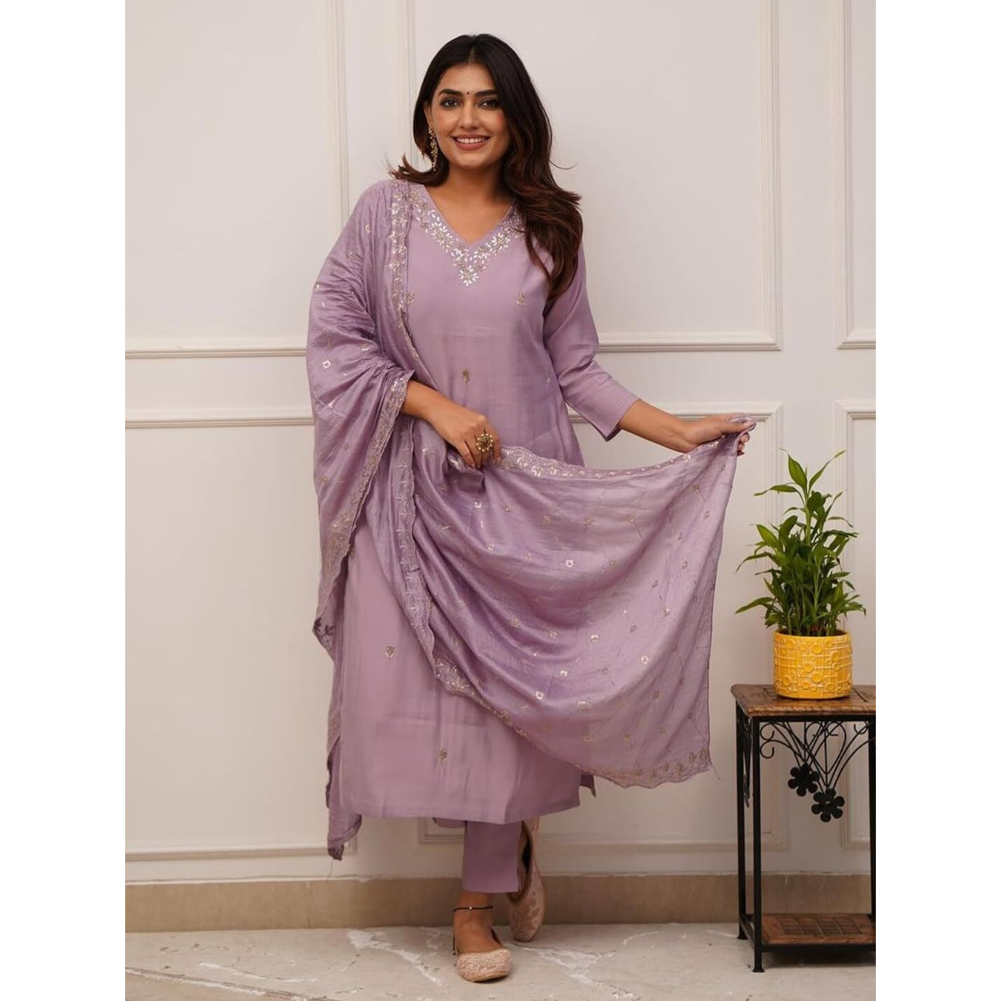 Naixa Women's Onion Viscose Silk Embroidered Straight Kurta with Viscose Chanderi Pant and Chanderi Embroidered Dupatta Sets (NX3-S-Zarna-Onion-S)