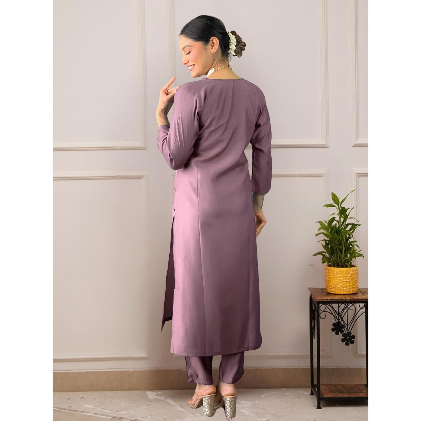 Naixa Women's Onion Viscose Silk Embroidered Straight Kurta with Viscose Chanderi Pant and Chanderi Embroidered Dupatta Sets (NX3-S-Zarna-Onion-S)