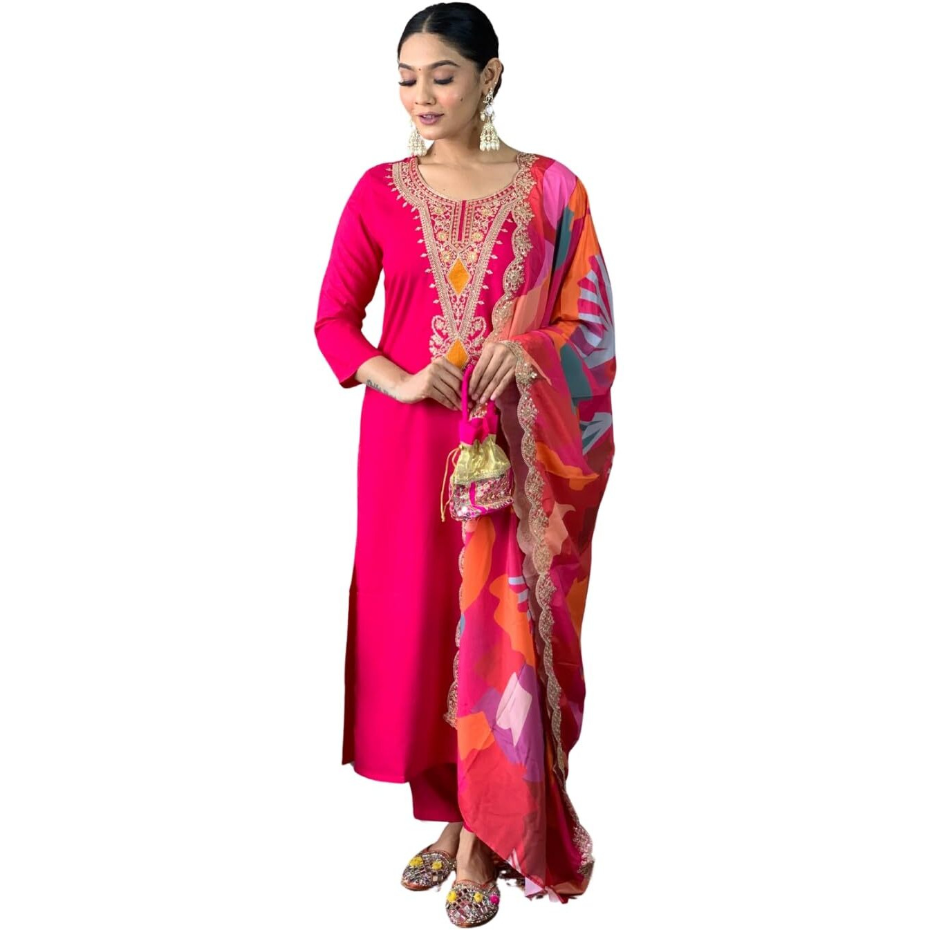 Naixa Women's Red Viscose Silk Embroidered Straight Kurta with Viscose Silk Pant and Crep Silk Printed Dupatta Sets (NX-546-Red-XL)