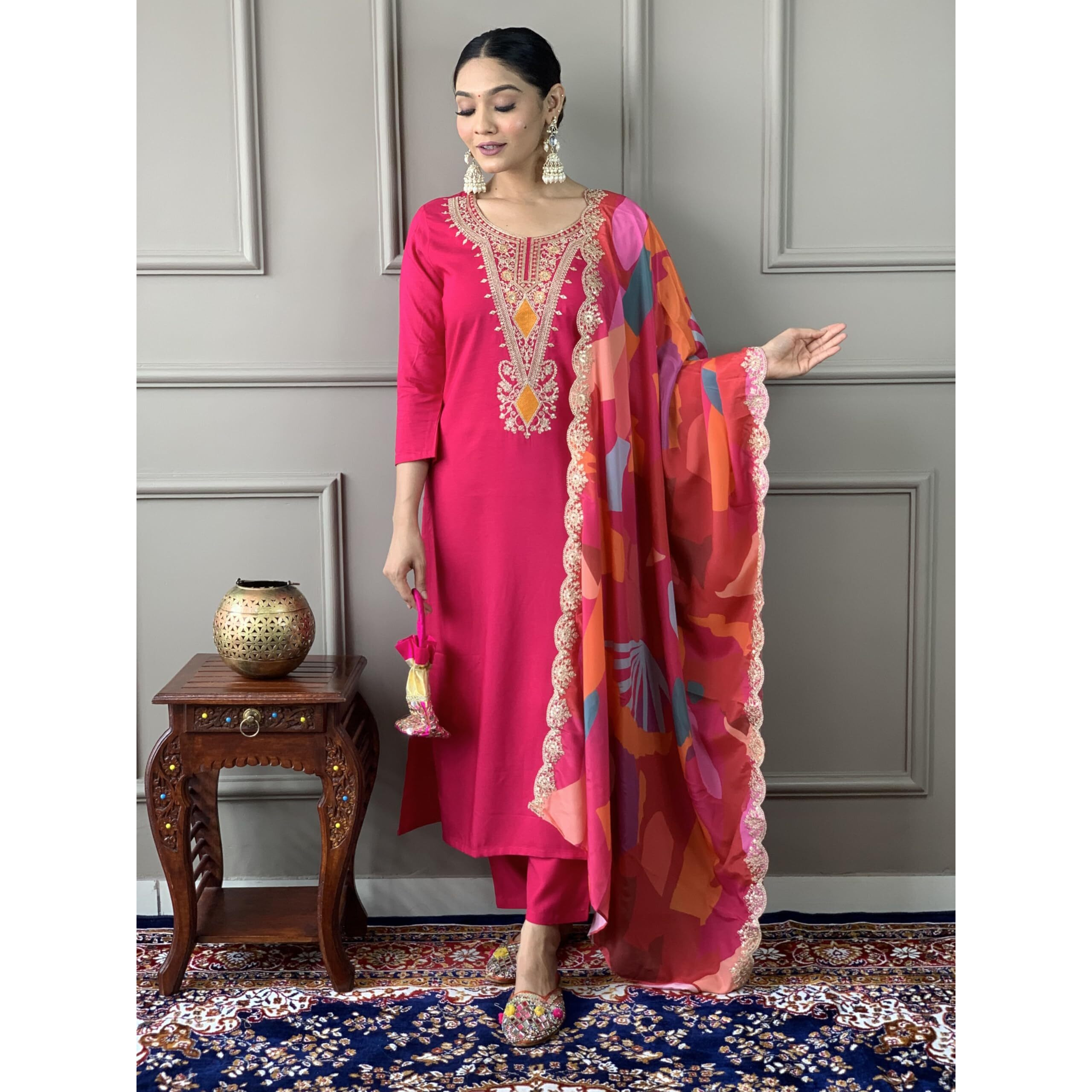 Naixa Women's Red Viscose Silk Embroidered Straight Kurta with Viscose Silk Pant and Crep Silk Printed Dupatta Sets (NX-546-Red-XL)