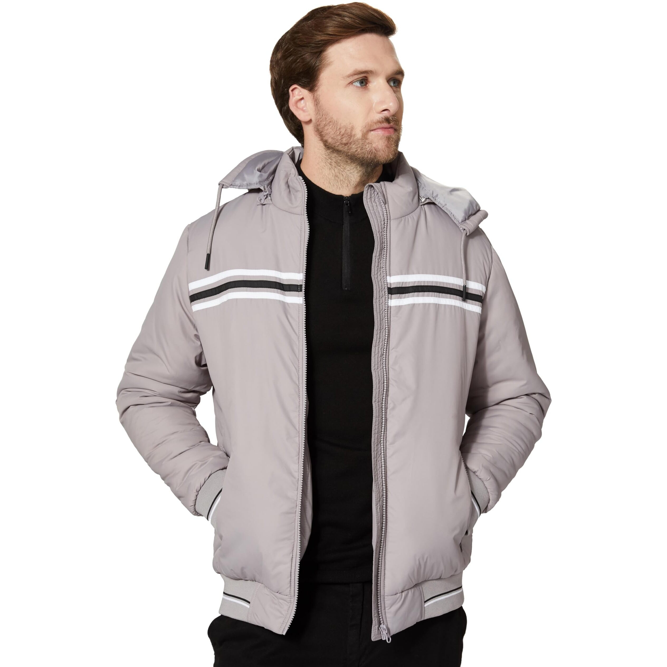 Amazon Brand - Symbol Men's Heavy weight Hooded Bomber Jacket Stone Grey XL