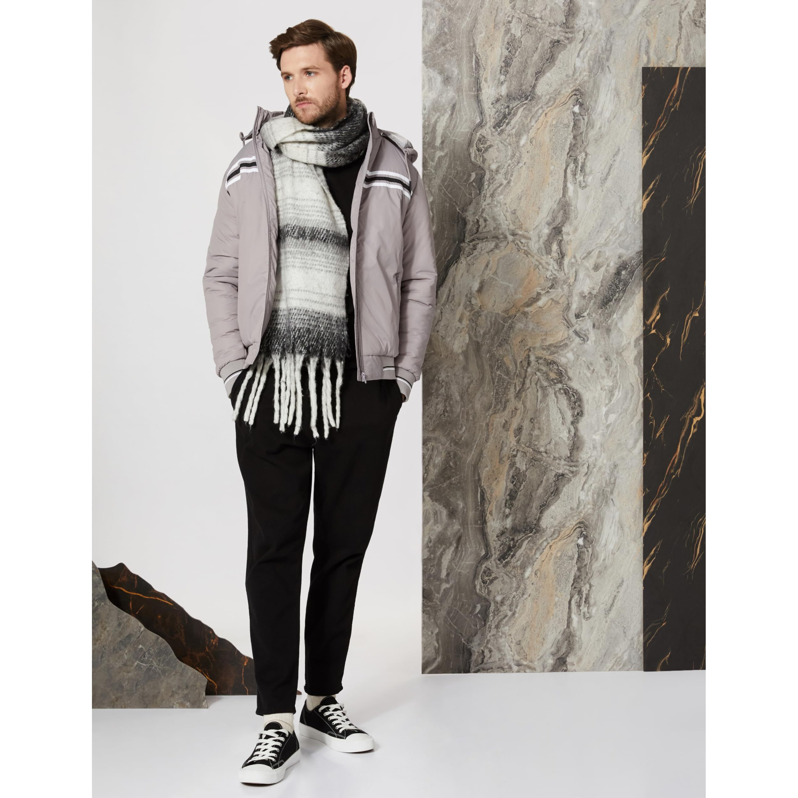 Amazon Brand - Symbol Men's Heavy weight Hooded Bomber Jacket Stone Grey XL
