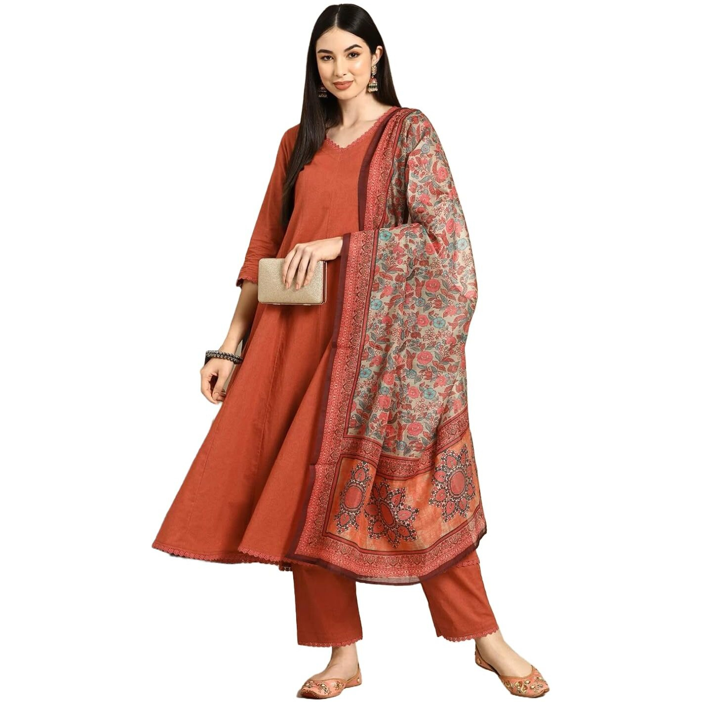 GoSriKi Women's Cotton Blend Anarkali Printed Kurta with Pant & Dupatta (UTSAV Peach-GS_M_Peach_Medium)
