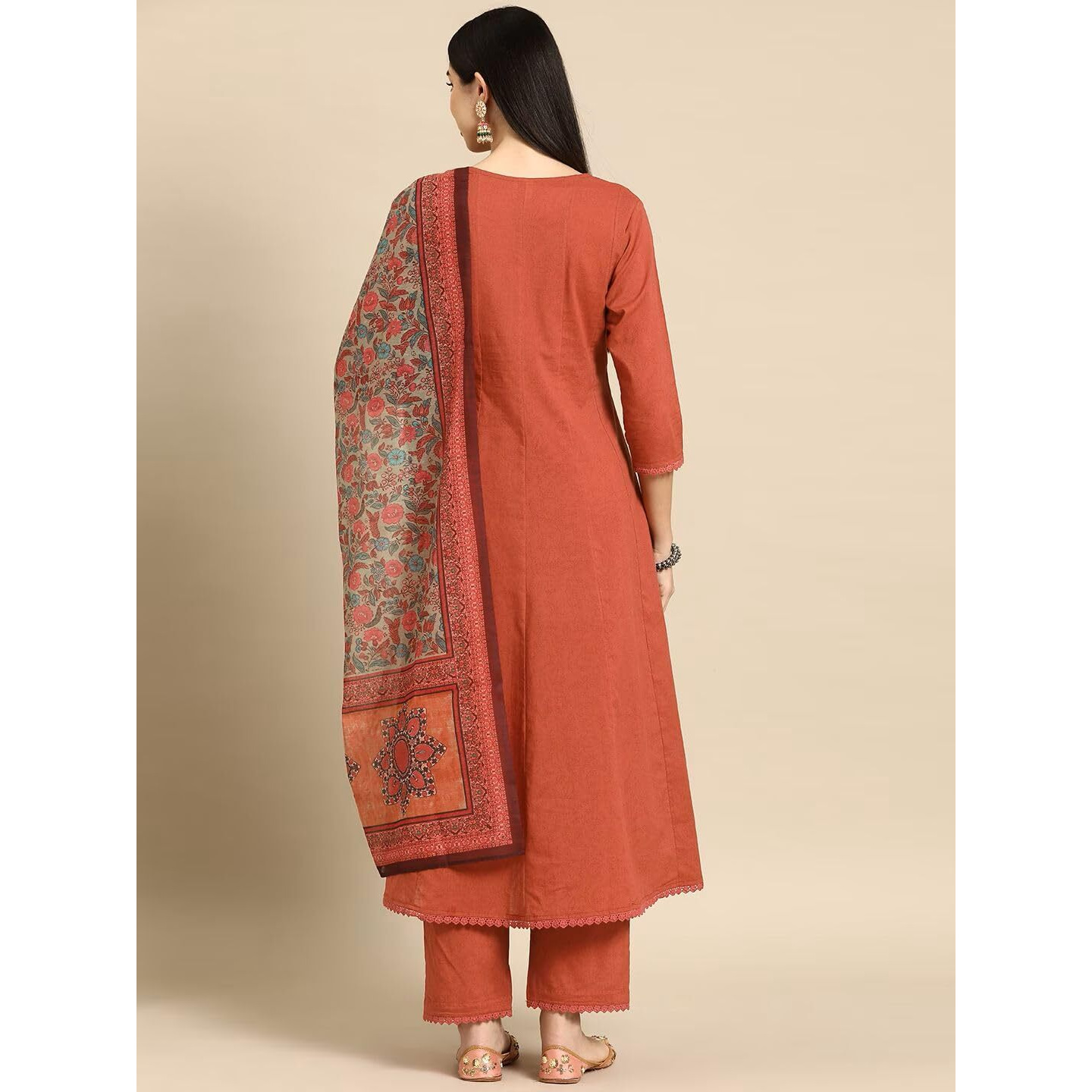 GoSriKi Women's Cotton Blend Anarkali Printed Kurta with Pant & Dupatta (UTSAV Peach-GS_M_Peach_Medium)