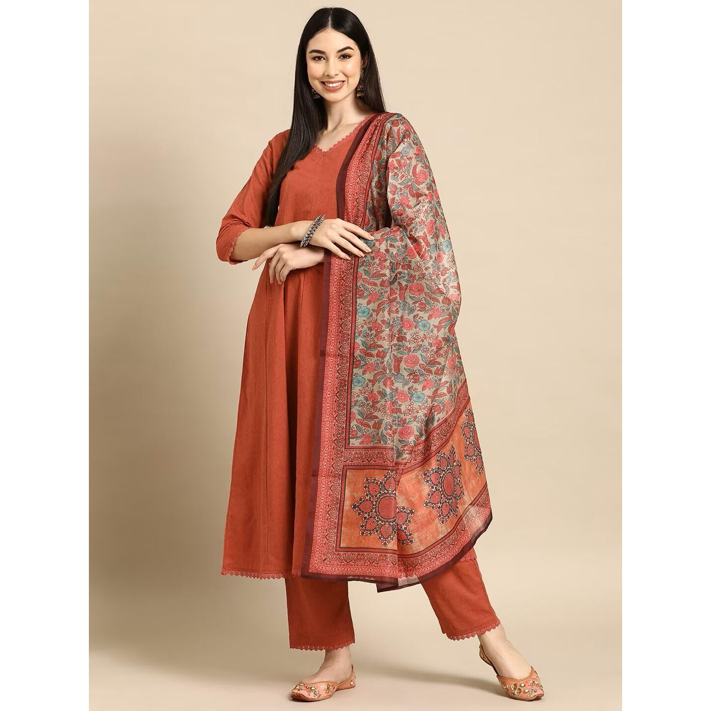 GoSriKi Women's Cotton Blend Anarkali Printed Kurta with Pant & Dupatta (UTSAV Peach-GS_M_Peach_Medium)