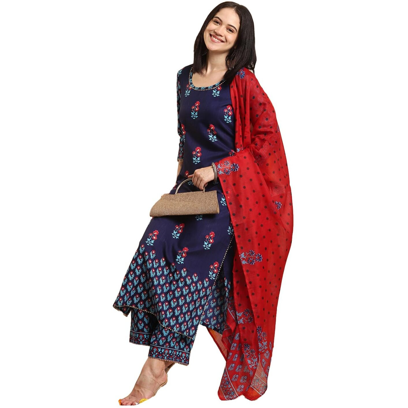 GoSriKi Women's Rayon Blend Straight Printed Kurta with Pant & Dupatta (MASUMI BLUE-VKS01-GS_L_Blue_Large)