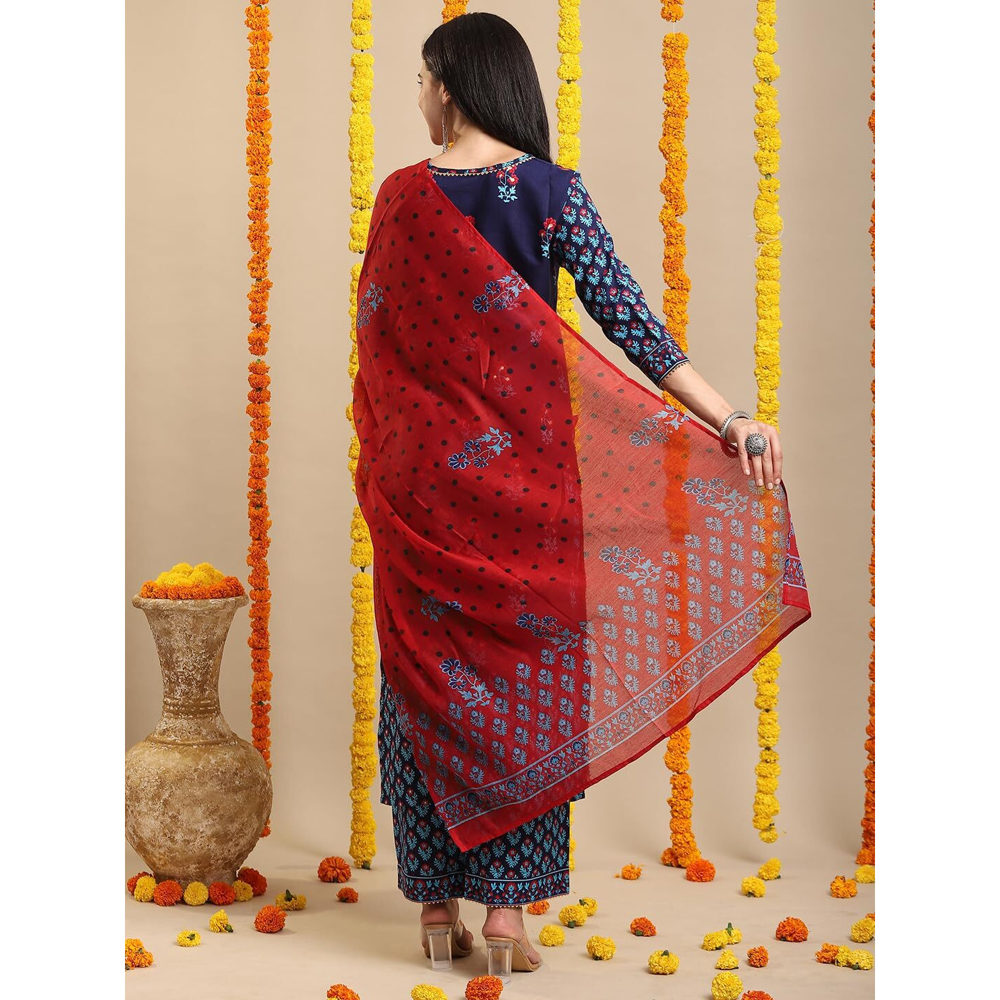GoSriKi Women's Rayon Blend Straight Printed Kurta with Pant & Dupatta (MASUMI BLUE-VKS01-GS_L_Blue_Large)