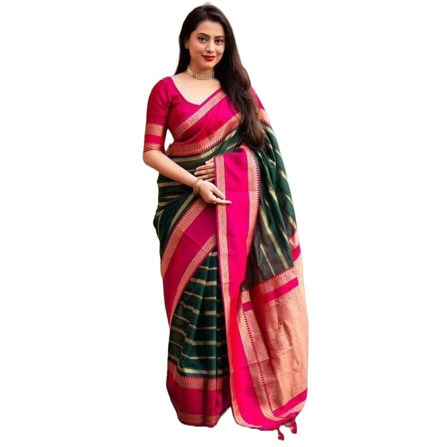 Yashika Women's Latest Woven Printed Kanjivaram Banarasi Art Silk Saree with Unstitched Blouse Material-Suitable for All Indian Weddings and Festivals (AZ-YS-OG-CHAMKILI-Parent_Green)